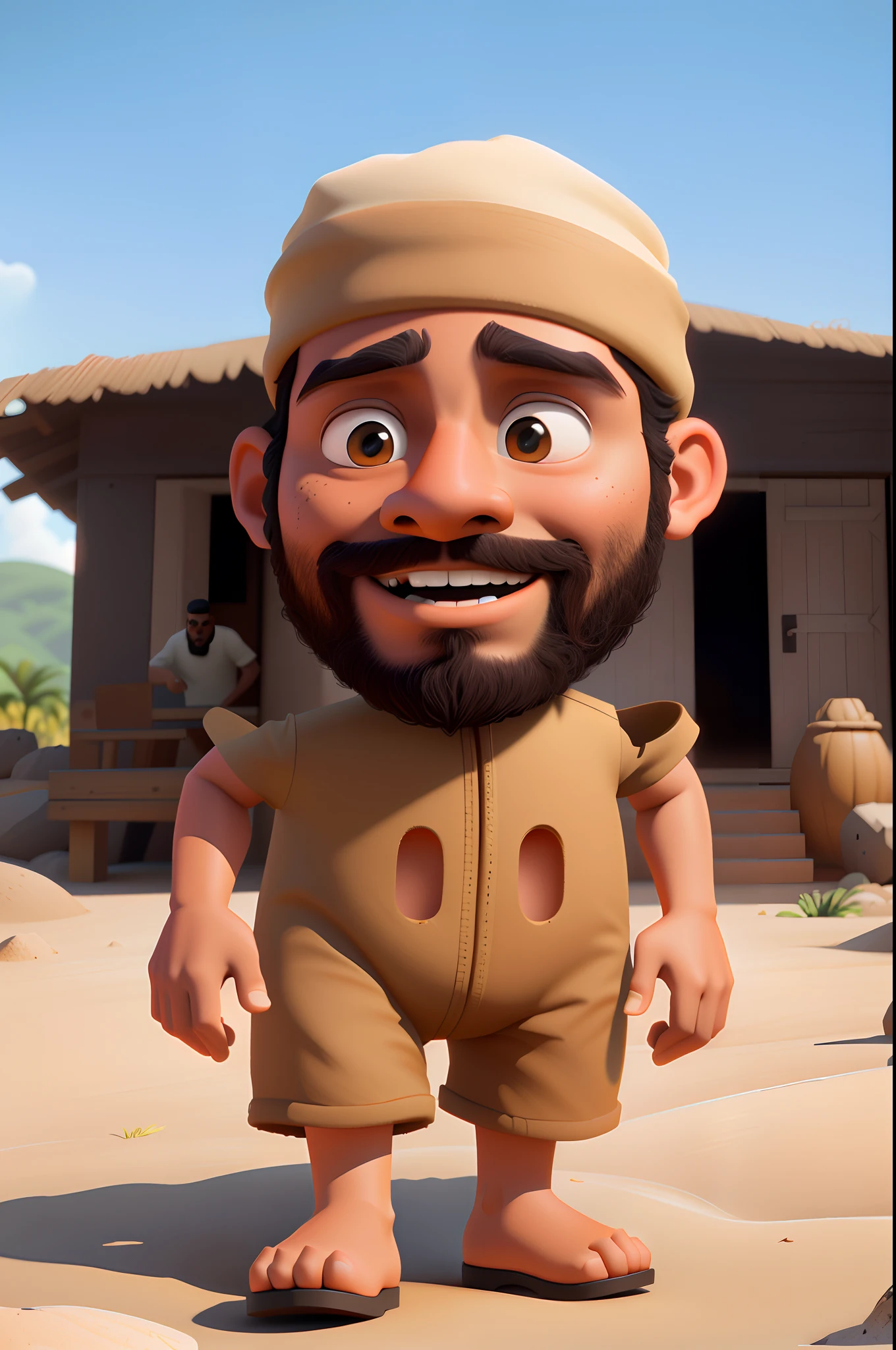 Cartoon character of a brown-skinned man with beard and hat, Personagem pequeno. sapatos preto, Motor Unreal 5, Caractere estilizado, Personagem 3D, Personagem 3D, Personagem de close up, animation character, renderizado em corona, 3D estilizado, animation still, animation film, 3 d render stylized, animado ainda, 3 d character render, toon render keyshot