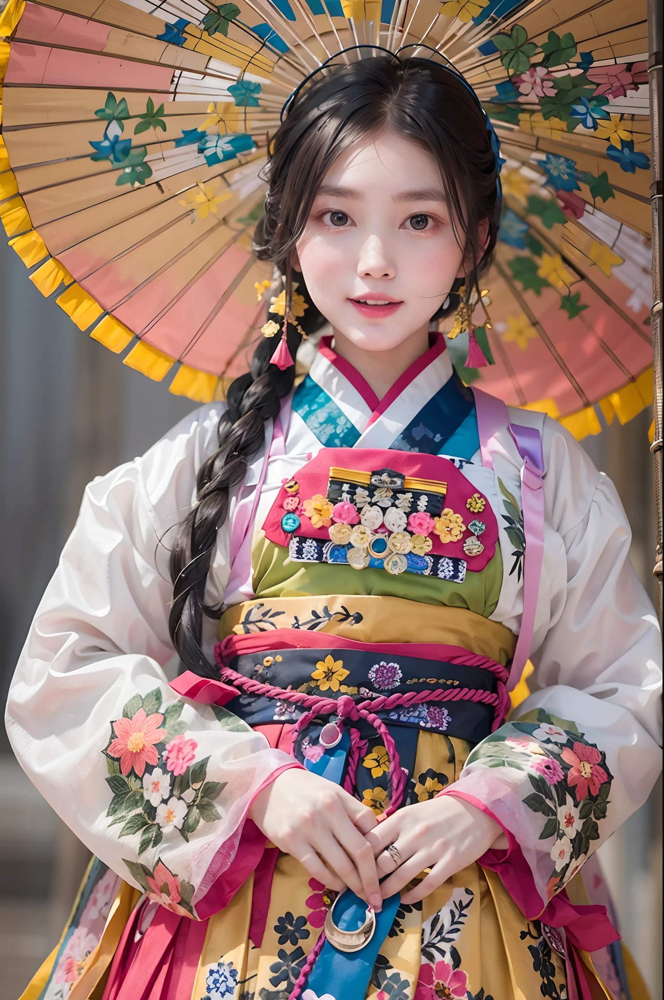 Beautiful girl wearing a Korean hanbok with vibrant colors and intricate patterns.