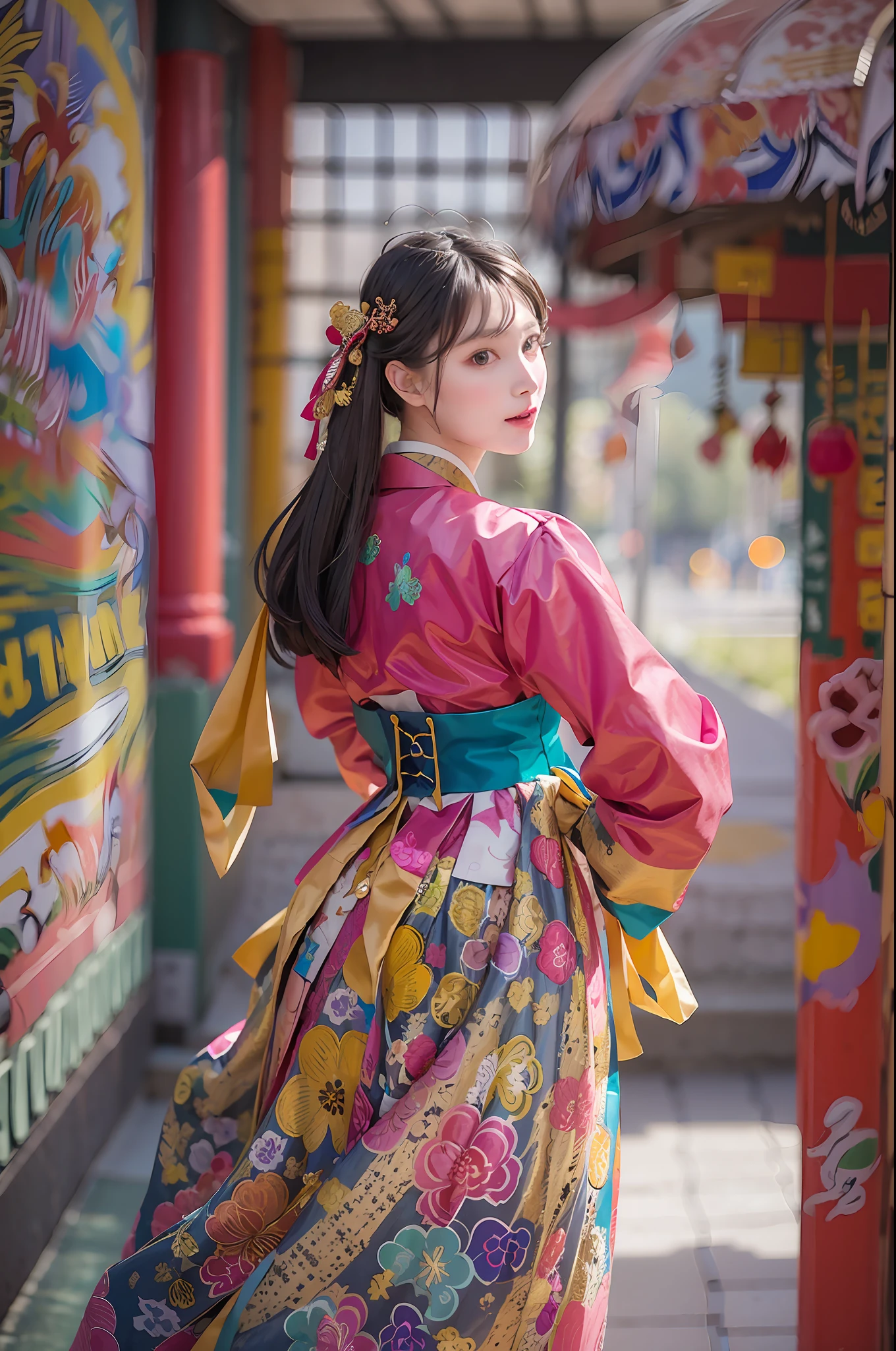 Beautiful girl wearing a Korean hanbok with vibrant colors and intricate patterns.