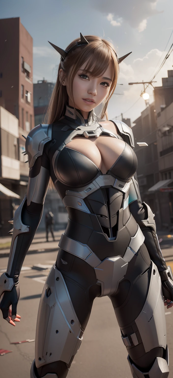 ((Destroyed mechs, Incomplete mech)),(The body is mostly naked:1.5), convex,spiky,(There is blood on the body:2), Run-down city, Destroyed buildings, grin, Smile, anime big breast, surrealism, Motion blur, Cinematic lighting, Chiaroscuro, hyper HD, Masterpiece, ccurate, Anatomically correct, Textured skin, Super detail, High details, High quality, Best quality, 4K, A high resolution