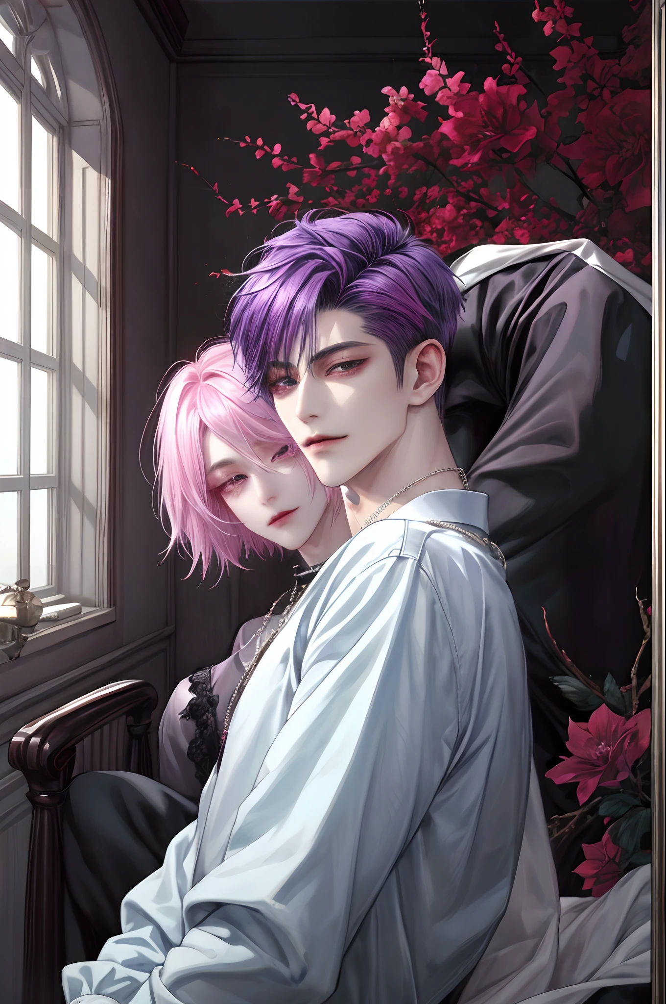 masterpiece, top-quality, 2Others, a couple, 1 man and 1,, Adults, Height difference, different fashion, different color, finely eye and detailed face, intricate detailes, Casual clothing, Oversized shirt, Modern urban streets, Hands on back, A smile, Happiness, tenderness, queers, high-level image quality、2a person々 beautiful male、tall、hug from behind、Trying to kiss、window、nightfall、nighttime scene、𝓡𝓸𝓶𝓪𝓷𝓽𝓲𝓬、Korean Male, Idol Photos, k pop, Professional Photos, Vampires, Korean fashion in black and white, At Fed Man with Necklace, inspired by Sim Sa-jeong, androgynous vampire, :9 detailed face: 8, extra detailed face, detailed punk hair, ((asa)) baggy eyes, Seductive. Highly detailed, semi realistic anime, Vampires, hyperrealistic , delicate androgynous prince, imvu, short hair above the ears, Two Men With Short Hair, A man with a glaring expression and a man with a gentle expression, Man with bright purple hair and woman with pink hair