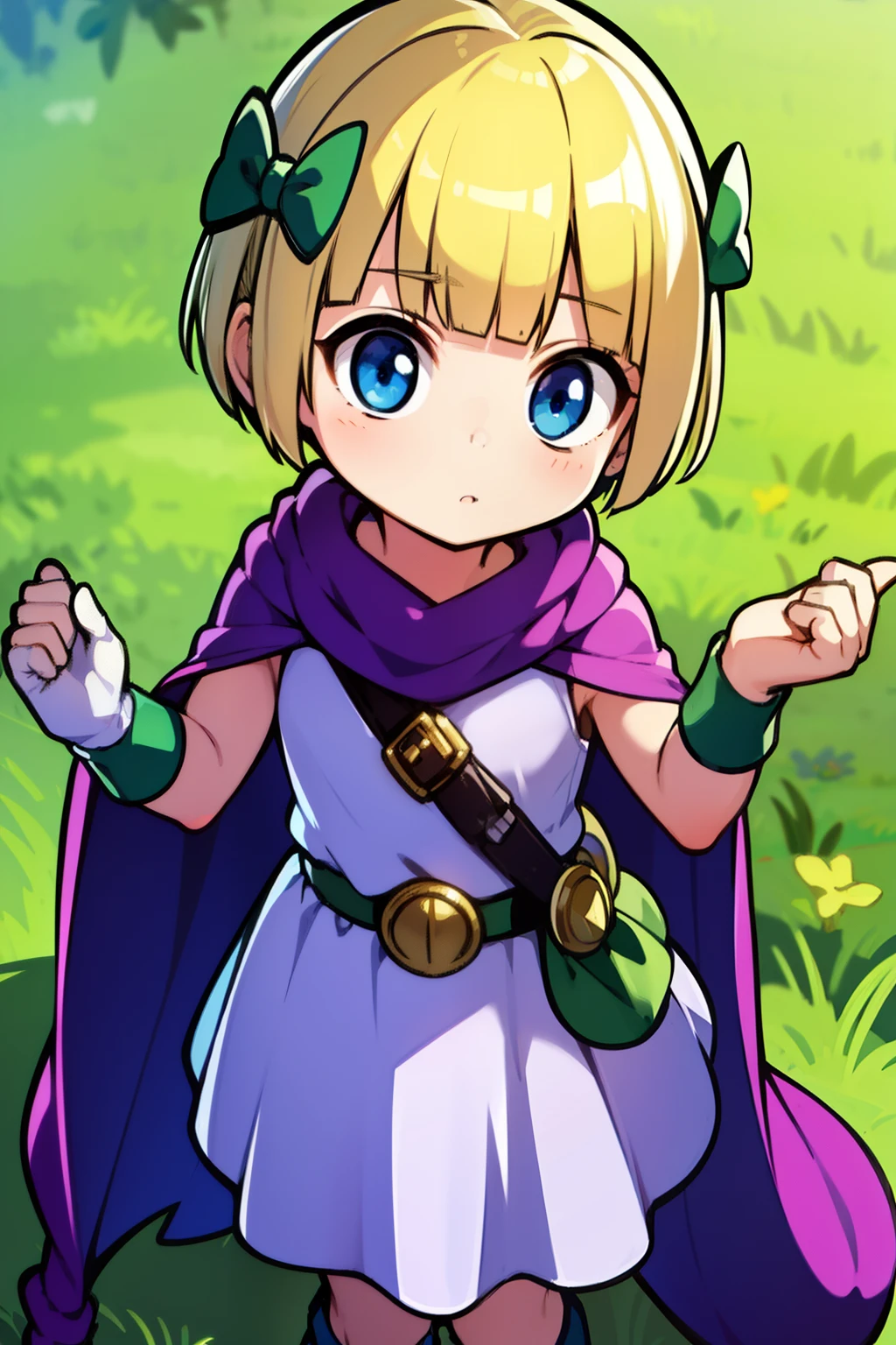 , blond hair, short hair, big drooping eyes, blue eyes, high quality, best quality, town, city, west castle, blue sky, cute, two green ribbons, purple cloak, white dress, fleeting expression ,Are standing