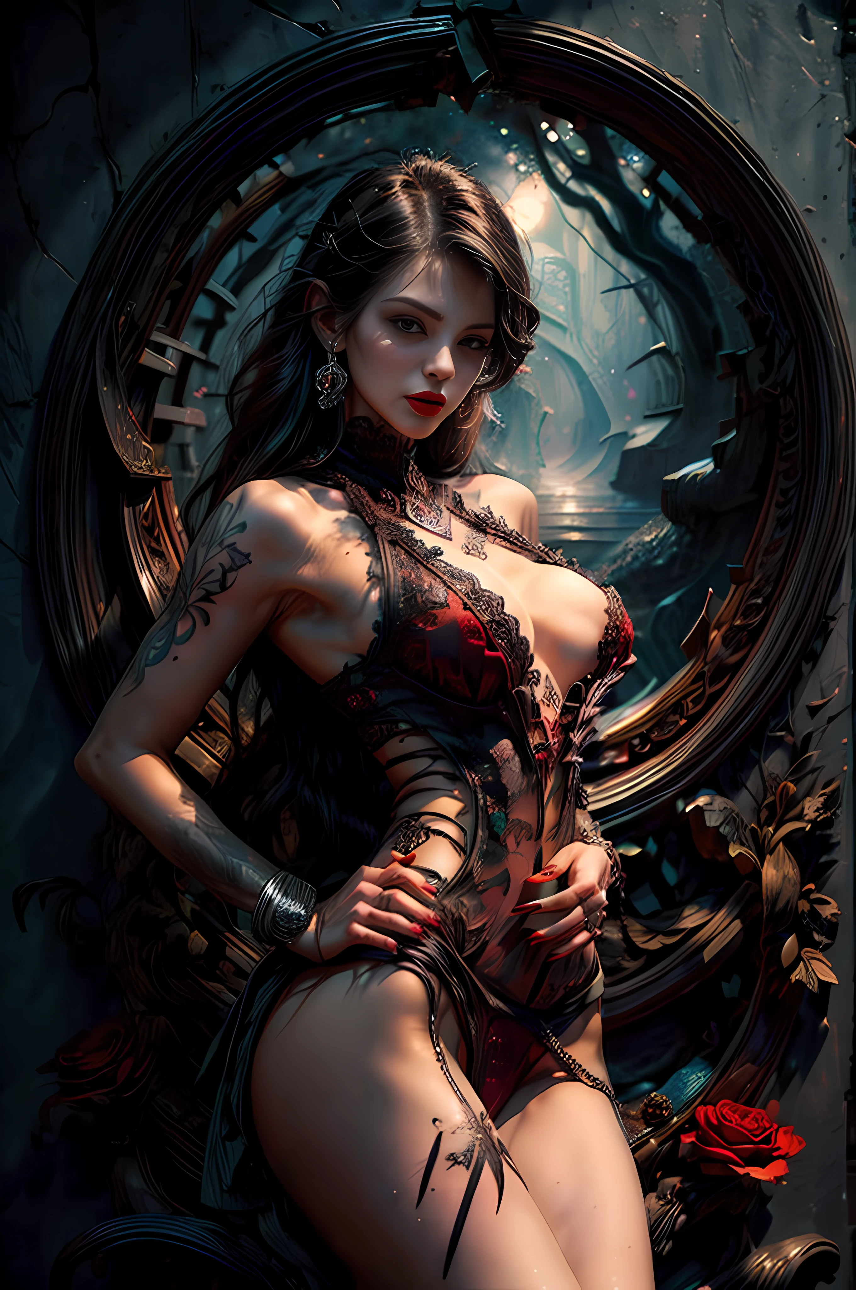 1 CHARACTER, 1 GIRL, dark night, ROSE ,dark design, (masterpiece, top quality, best quality, official art, beautiful and aesthetic:1.2), , extreme detailed,(fractal art:1.3),colorful ,highest detailed,(A sexy woman in dress, A beautiful babe ,sex slave, erotic worker, prostitute, hooker),(sex pose, erotic design , erotic face, erotic pose),(small tits, black hair , big eyes, sexy eyes body covered with tattoo, red lips, sexy lips, sexy face, hand tattoo, leg tattoo, chest tattoo ,pore white hair), (wearing sex slave accessory ,black accessory, Slave bracelet, bracelet, , naked, magical forest,(((masterpiece))), (((best quality))), ((ultra-detailed)),(highly detailed CG illustration) ((an extremely delicate and beautiful)),cinematic light, delicate hands, dark magic, deep shadow