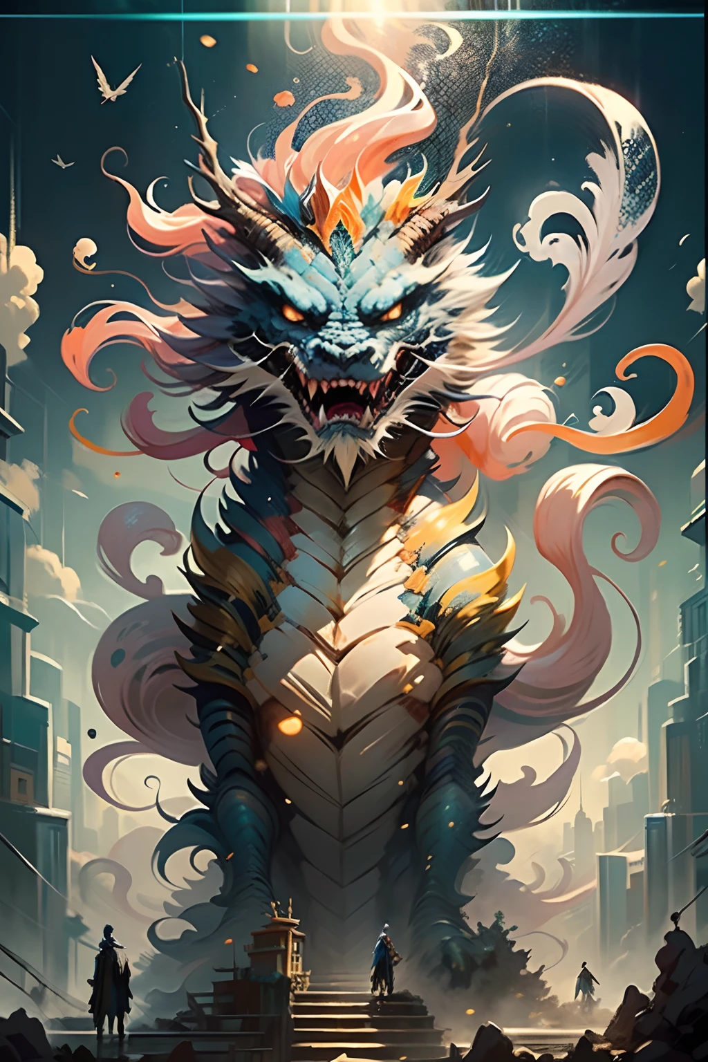 Melhor qualidade, obra-prima, super high res, nenhum humano, (comprimento: 1.2), (fino: 1.2), cabelo longo, dentes afiados, olhos vermelhos, dentes, gigante, 1 menina, bird, ao ar livre, standingn, escala, nuvem, chifre, from behind, armadura, heaven, boca aberta, confronto, carga, monstro, difference in size, cabelo branco, construction, vale, (textura realista: 1.2), (escalas multicoloridas brilhantes: 1.2), (detalhes realistas: 1.2), (detalhes realistas: 1.2), (detalhes realistas: 1.2),  ([frente | lado] :1.1), HDR, modelagem 3D ultra-refinada, as magical as the style paintings painted by Tim Burton, Dale Chihuly, Xiaolongcheng, Cyril Rolando e outros autores como Jr. Gigue. Shadows and lighting intertwine to create brilliant effects. Merger with Goku