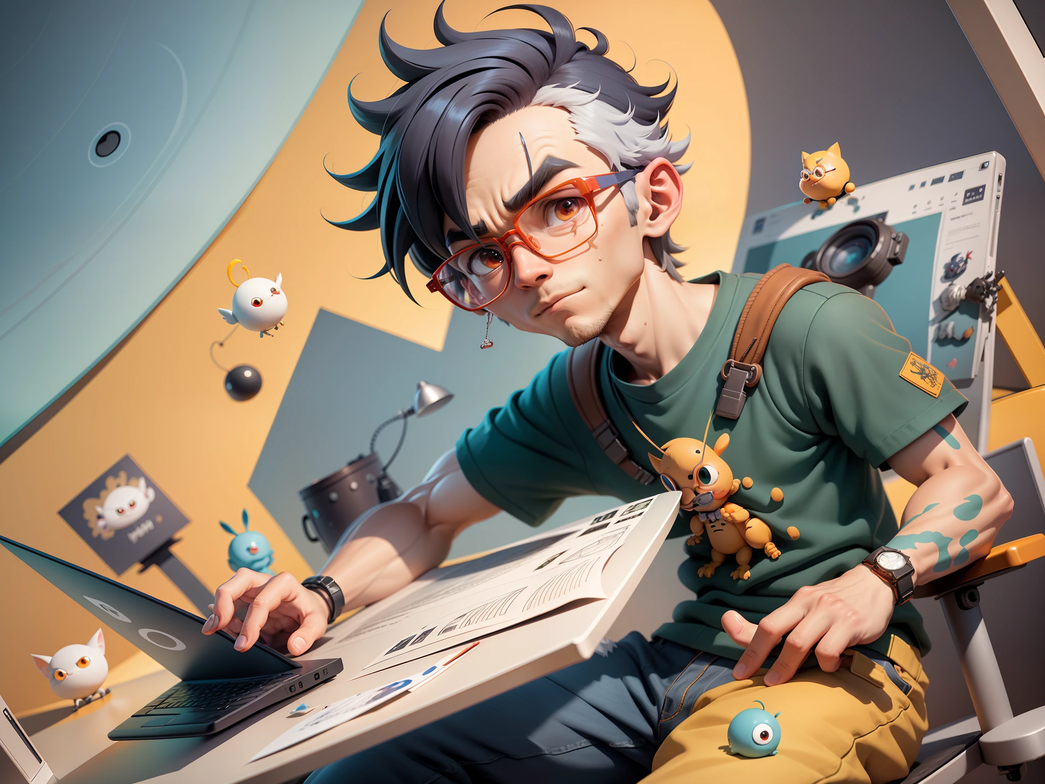 A young man with glasses sits at his desk，holding laptop，digitial painting，3D character design by Mark Clairen and Pixar and Hayao Miyazaki and Akira Toriyama，4K HD illustration，Very detailed facial features and cartoon-style visuals。