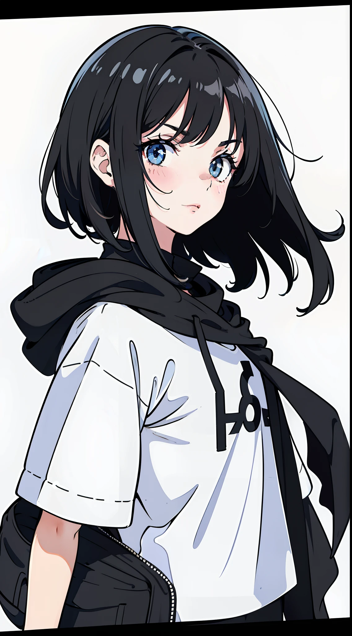 Girl, side portrait, Black and white, Messy short hair, Avant-garde accessories,Sporty style, Casual T-shirt, (Confident gaze), monochromatic color scheme, Looks to the side, Chic street fashion,((One guy)),(Long hair),A hood worn on his head, Head and neck shawl fabric,Blush,Flat Chest,Cheerful