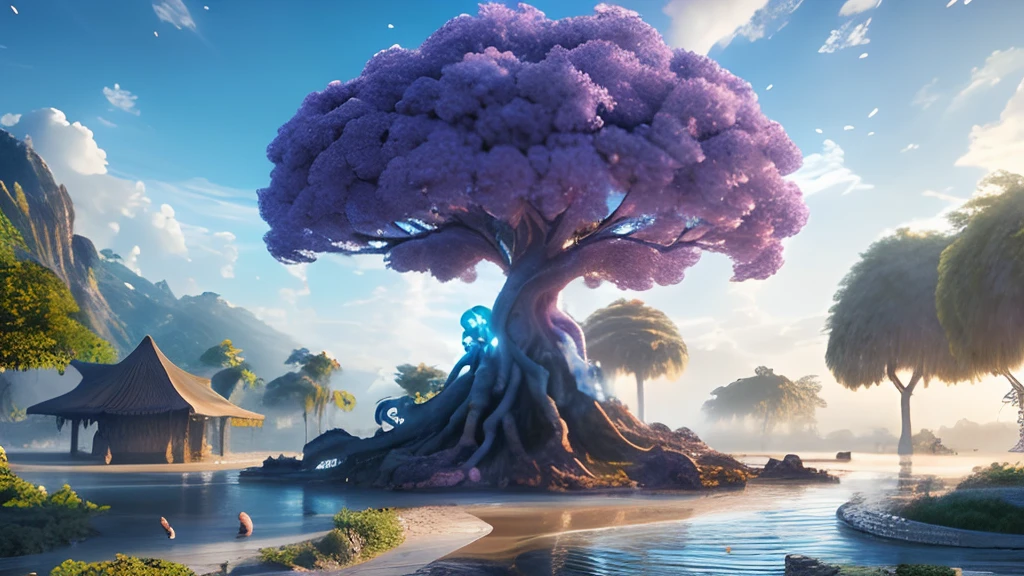 masterpiece, best quality, high quality, extremely detailed CG unity 8k wallpaper, a hyperrealistic colossal cyan raintree, in a futuristic prehistoric village, splashing water, sandy debris, lens flares, sunshaft, fluffy clouds, Hyperdetailed, HDR, bloom, Photorealistic, hyperdetailed