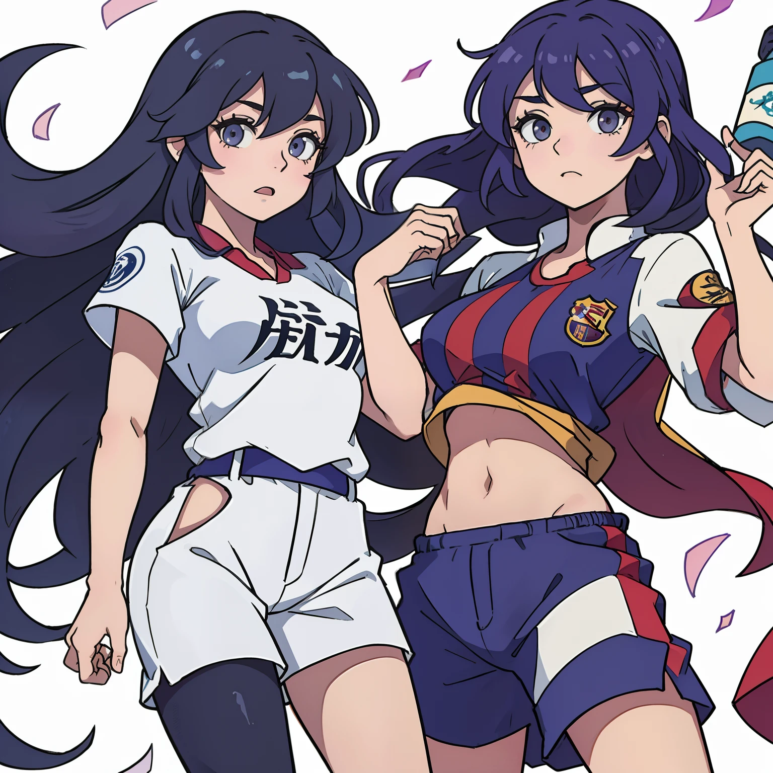Quiero un dibujo de los personajes de anime Shampoo, Ukyo y Akane pertenecientes a la serie Ranma 1/2. Shampoo usando el uniforme del Real Madrid, Ukyo usando el uniforme del FC Barcelona, y Akane usando el uniforme del Atletico de Madrid. Las tres juntas en el mismo dibujo