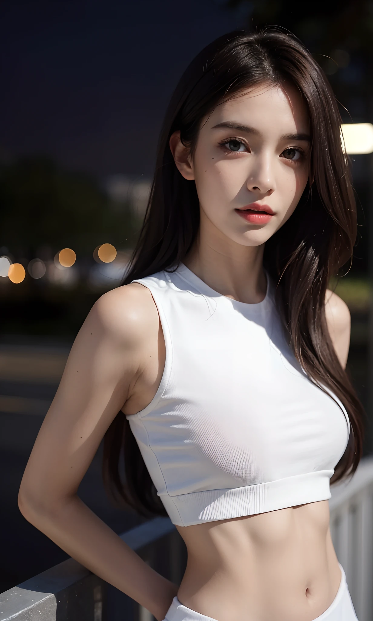 ((Realistic lighting, Best quality, 8K, Masterpiece: 1.3)), Clear focus: 1.8, 1 Pretty girl, Perfect beauty: 1.4, Slim abs: 1.1, ((Dark brown hair)), (White crop top: 1.9), short skirt, full body, (Outdoor, Night: 1.1), Park view, Super fine face, Fine eyes, Double eyelids,