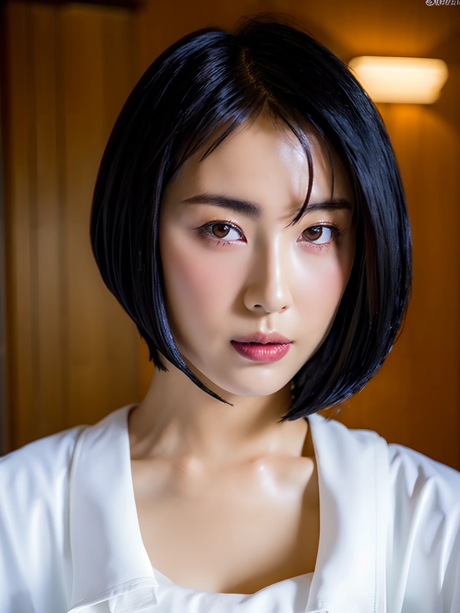 HamabeMinami beautiful woman slick wet short hair black hair side parting busty at a japanese hotel bath