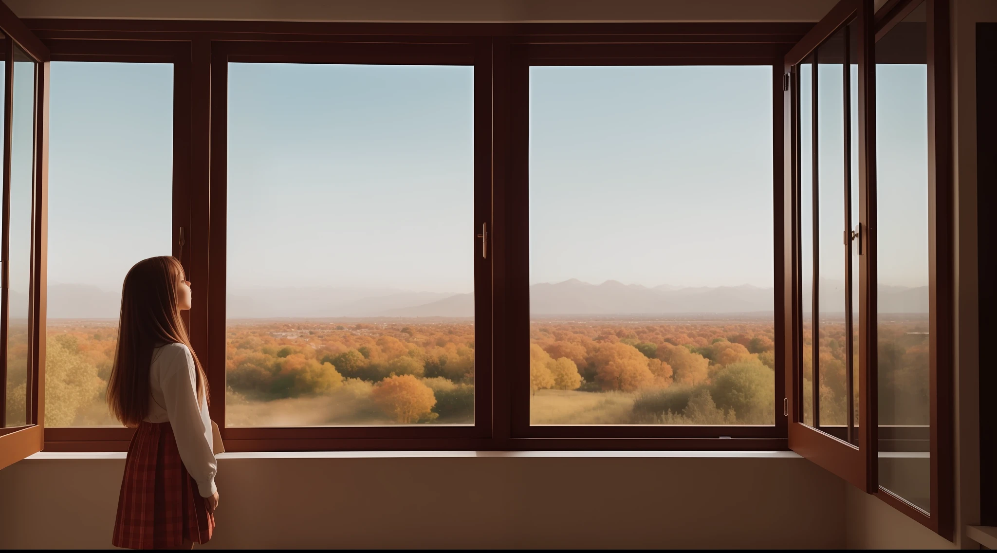 A girl standing in front of their home window and enjoy the awesome wheather.