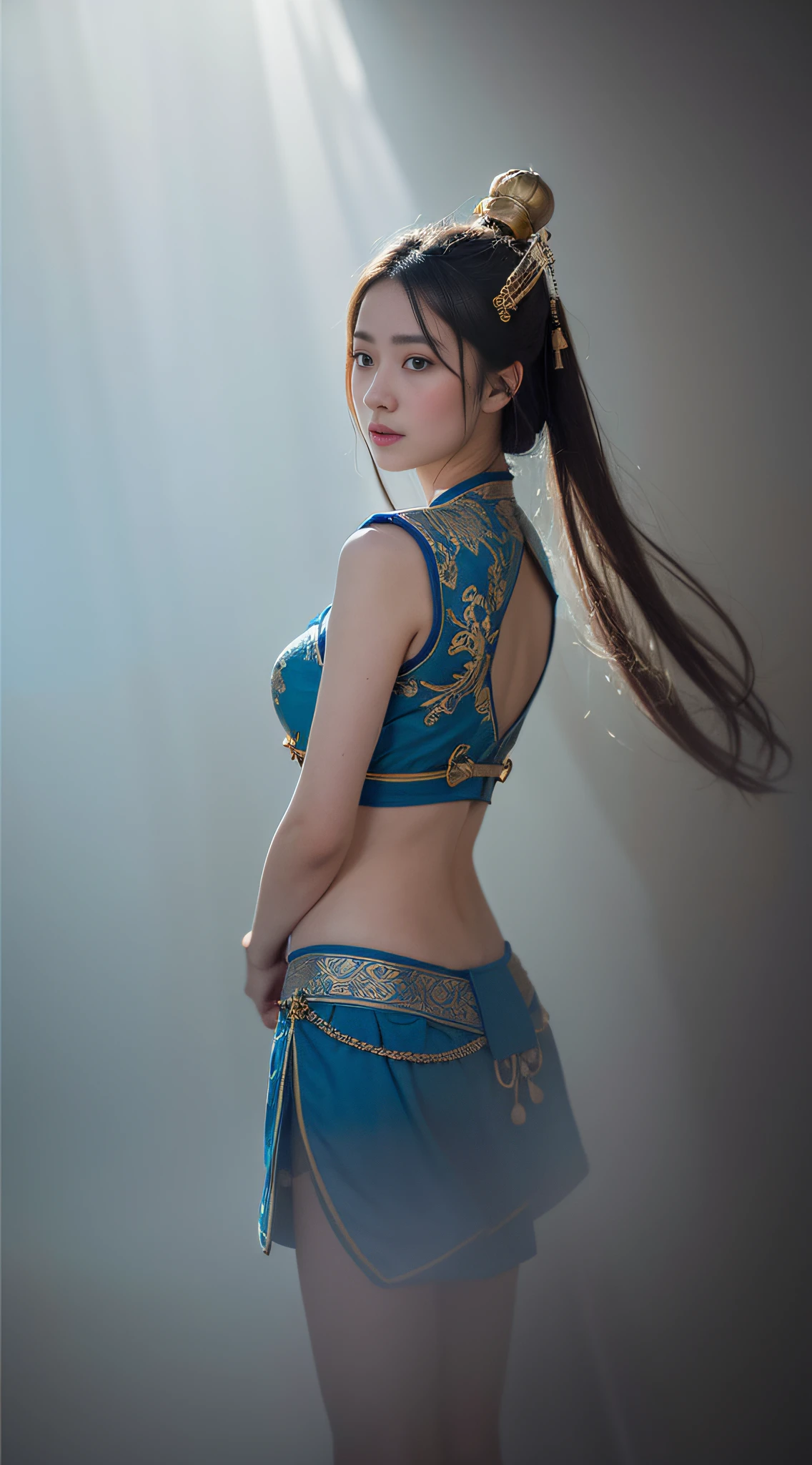 masterpiece, best quality, 1girl, aqua eyes, black hair, closed mouth, multicolored background, looking at viewer, outdoors, solo, upper body, alluring, clean, beautiful face, pure face, pale skin, sexy pose,((tube top, off shoulder, navel, shorts)),ponytail, ((perfect female figure)), mature female, milf, narrow waist, chinese deity, seductive, highly detailed,best quality, masterpiece, highres, original, extremely detailed 8K, wallpaper, masterpiece, best quality, illustration, beautifully detailed eyes, cinematic lighting,