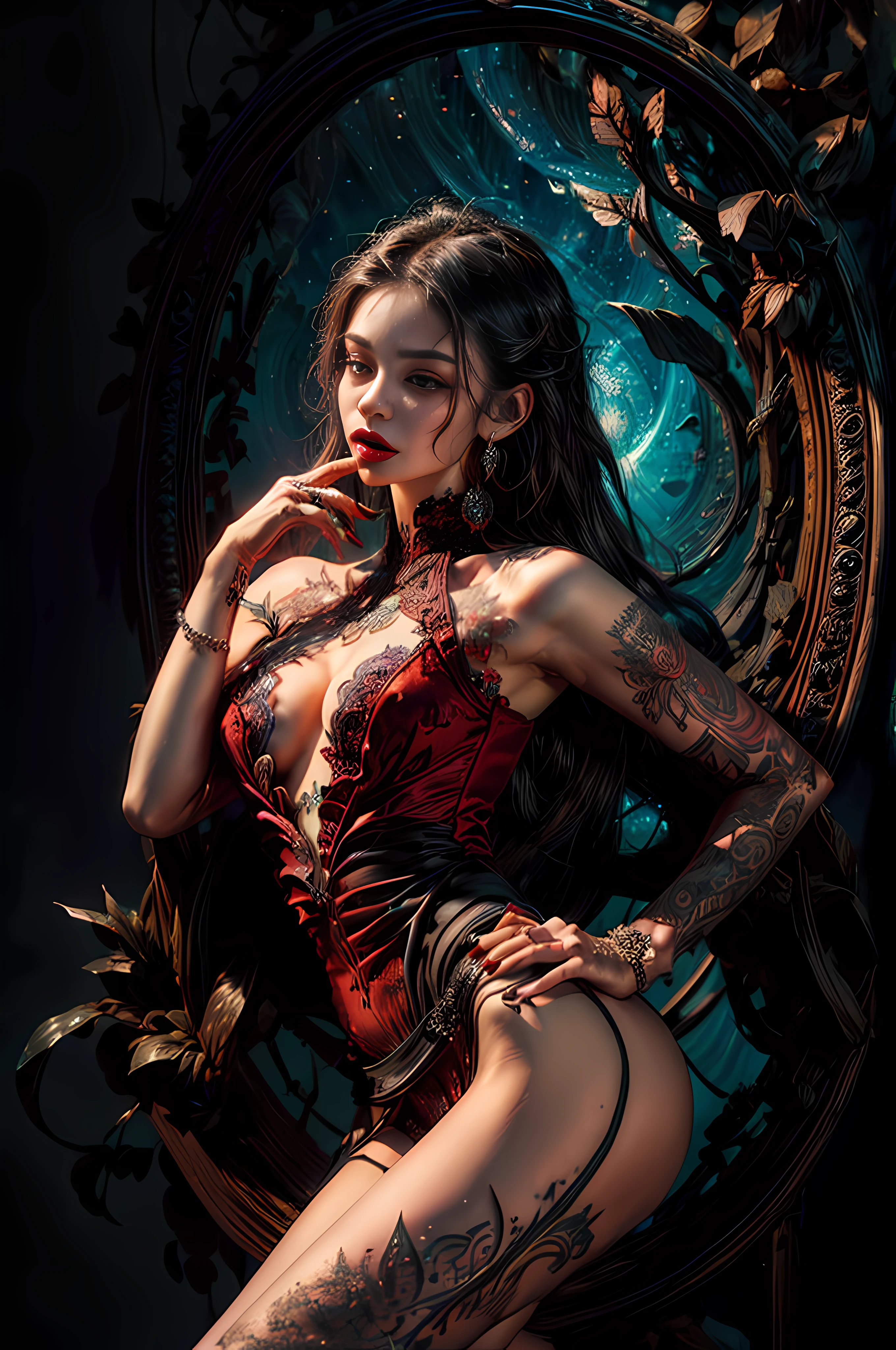 1 CHARACTER, 1 GIRL, dark night, ROSE ,dark design, (masterpiece, top quality, best quality, official art, beautiful and aesthetic:1.2), , extreme detailed,(fractal art:1.3),colorful ,highest detailed,(A sexy woman in dress, A beautiful babe ,sex slave, erotic worker, prostitute, hooker),(sex pose, erotic design , erotic face, erotic pose),(small tits, black hair , big eyes, sexy eyes body covered with tattoo, red lips, sexy lips, sexy face, hand tattoo, leg tattoo, chest tattoo ,pore white hair), (wearing sex slave accessory ,black accessory, Slave bracelet, bracelet, , naked, magical forest,(((masterpiece))), (((best quality))), ((ultra-detailed)),(highly detailed CG illustration) ((an extremely delicate and beautiful)),cinematic light, delicate hands, dark magic, deep shadow