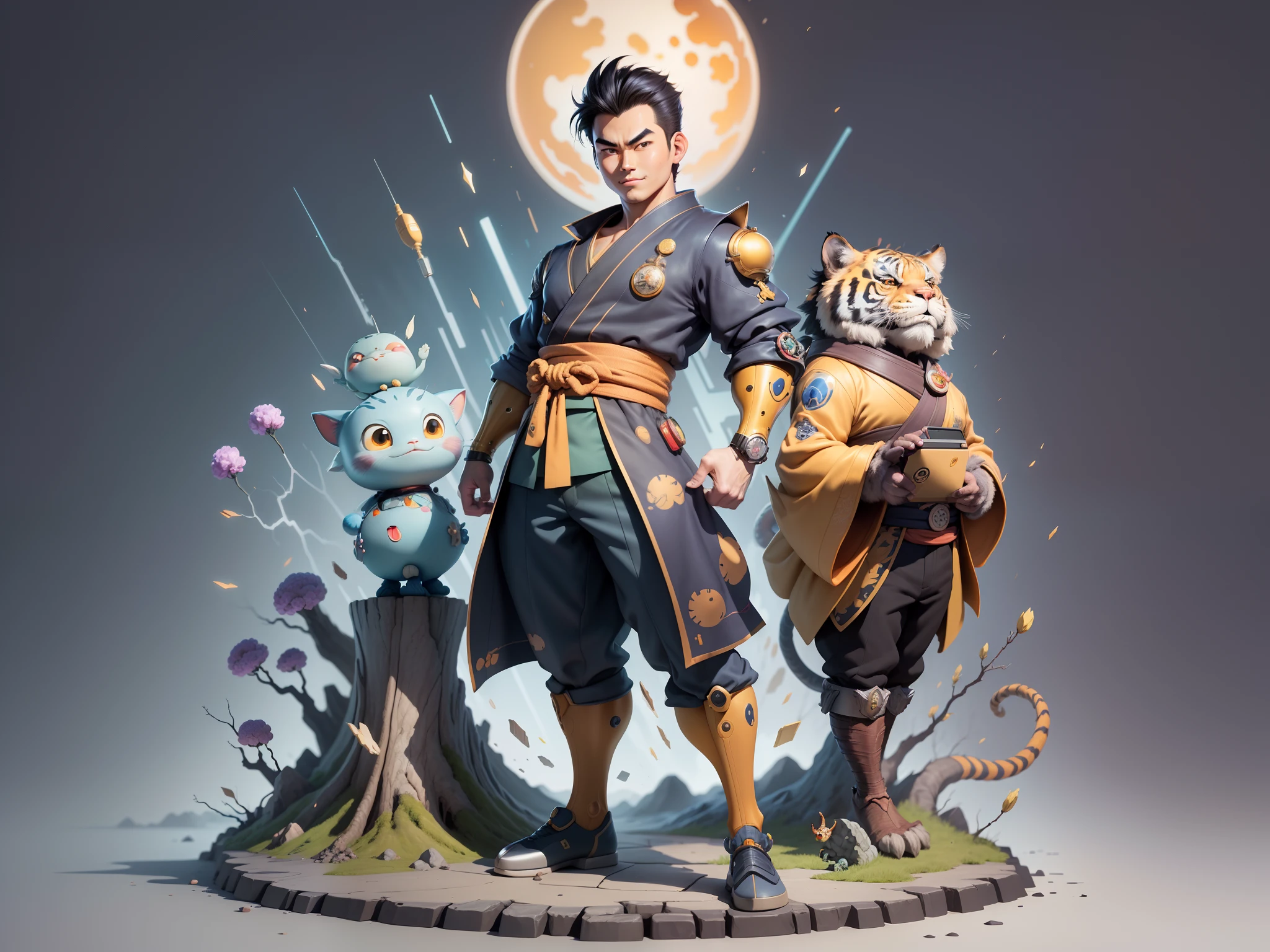 (Masterpiece), (Excellent), (Super Meticulous), (Full Body: 1.2), Super Young Man, Oriental Face, Japanese Kimono, Japanese Wind Thunder God, Dragon, Tiger, TV Anchor, Bust Portrait Illustration, Alone, Black Suit, Blue Tie, Slightly Chubby Face, Very Clean Face, No Beard, Black Super Short Hair, Black Eyes, Confident Smile, 3c Computer Sub-Products, iPad, iPhone, Digital Painting, 3D Character Design by Akira Toriyama and Mark Claireden and Pixar and Hayao Miyazaki, The illustration is a high-definition illustration in 4K resolution with very detailed facial features and cartoon-style visuals.