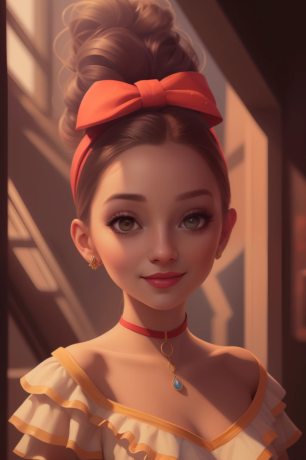 A closeup of a woman with a red bow on her head, pintura de personagem bonita, retrato de personagem de closeup, painting digital adorable, Personagem pequeno. Motor Unreal 5, pintura digital de personagens, Retrato CGSetivity, stunning digital illustration, Arte no estilo de Guweiz, retrato do design do personagem, retrato estilizado, Alexandra Fomina Artstation, rossdraws global illumination, fundo branco, sorriso. camiseta na cor roxa.