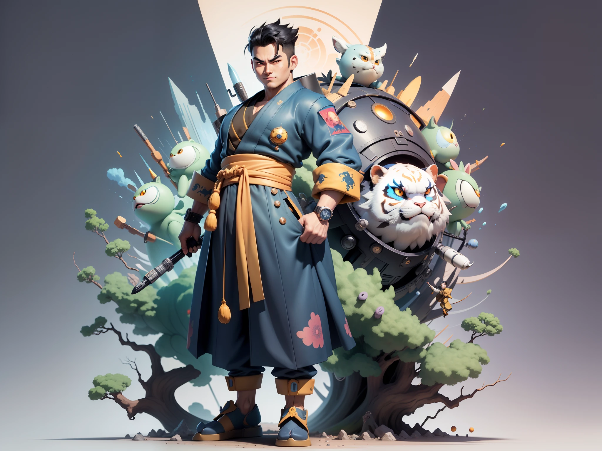 (Masterpiece), (Excellent), (Super Meticulous), (Full Body: 1.2), Super Young Man, Oriental Face, Japanese Kimono, Japanese Wind Thunder God, Dragon, Tiger, TV Anchor, Bust Portrait Illustration, Alone, Black Suit, Blue Tie, Slightly Chubby Face, Very Clean Face, No Beard, Black Super Short Hair, Black Eyes, Confident Smile, 3c Computer Sub-Products, iPad, iPhone, Digital Painting, 3D Character Design by Akira Toriyama and Mark Claireden and Pixar and Hayao Miyazaki, The illustration is a high-definition illustration in 4K resolution with very detailed facial features and cartoon-style visuals.