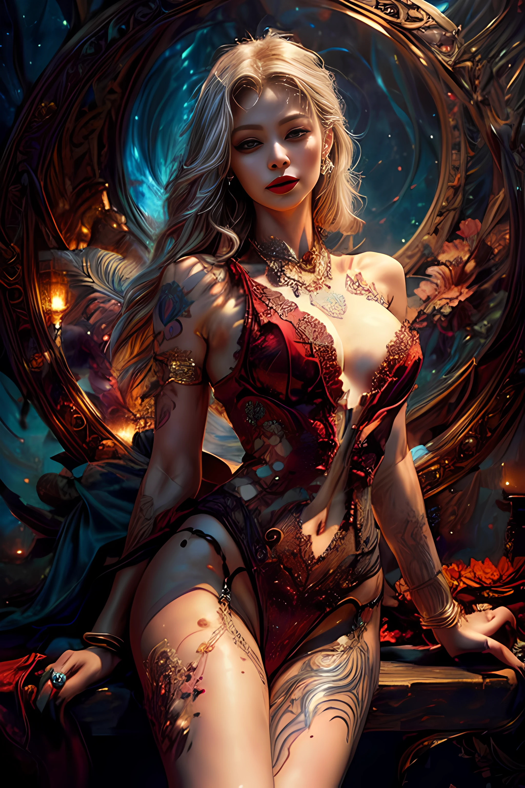 1 CHARACTER, 1 GIRL, dark night, kind person, ROSE ,dark design, (masterpiece, top quality, best quality, official art, beautiful and aesthetic:1.2), , extreme detailed,(fractal art:1.3), entangle ,colorful ,highest detailed,(A sexy woman in dress, A beautiful babe ,sex slave, erotic worker, prostitute, hooker),(sex pose, erotic design , erotic face, erotic pose),(small tits, golden hair , big eyes, sexy eyes body covered with tattoo, red lips, sexy lips, sexy face, hand tattoo, leg tattoo, chest tattoo ,pore white hair, sexy hip, beautiful hip, big hip,), (wearing sex slave accessory ,golden accessory, Slave bracelet, bracelet, , naked, magical forest,(((masterpiece))), (((best quality))), ((ultra-detailed)),(highly detailed CG illustration) ((an extremely delicate and beautiful)),cinematic light, delicate hands
