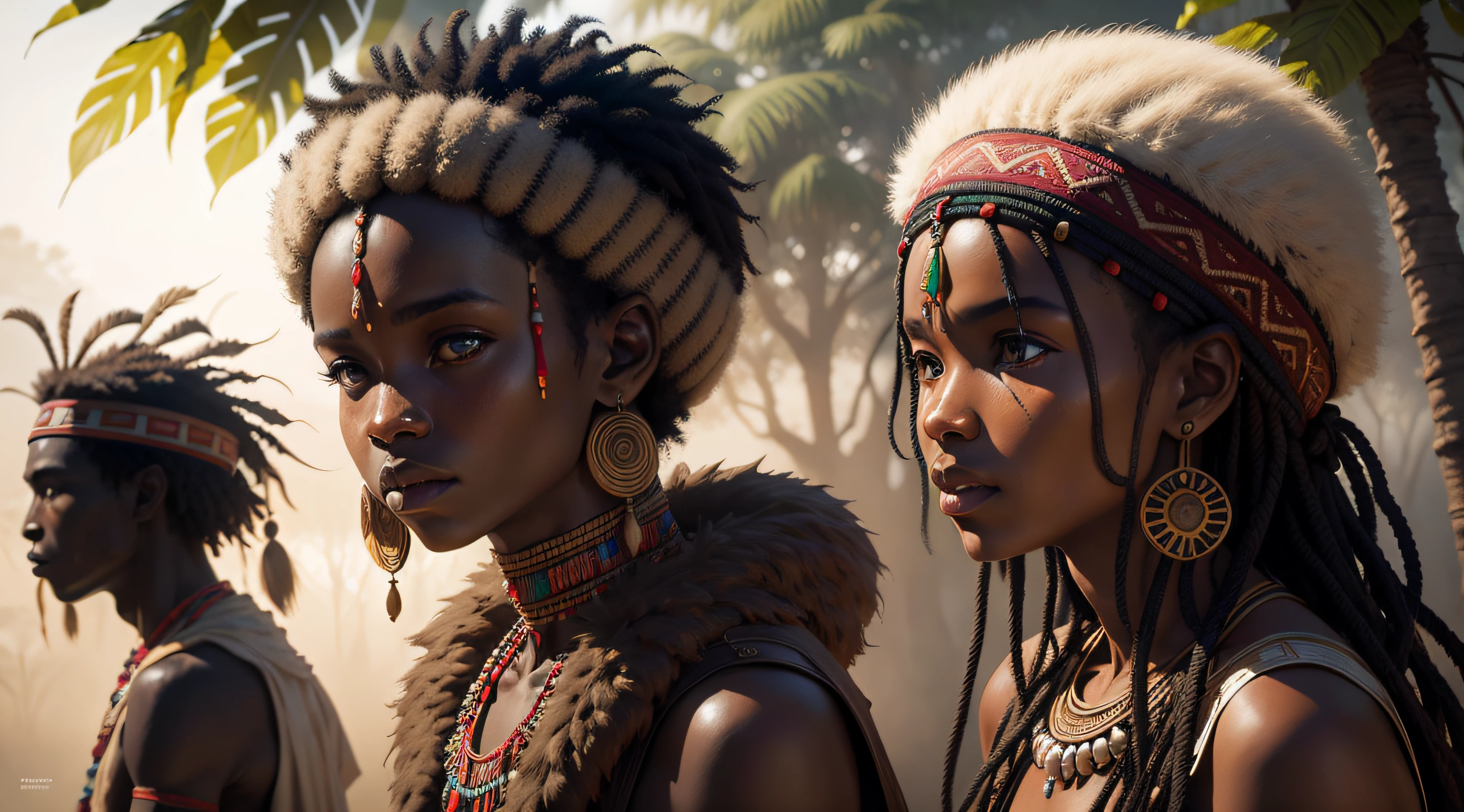 African tribe people scene, high detailed, Mali tribe, fog around, jungle, realistic photography,