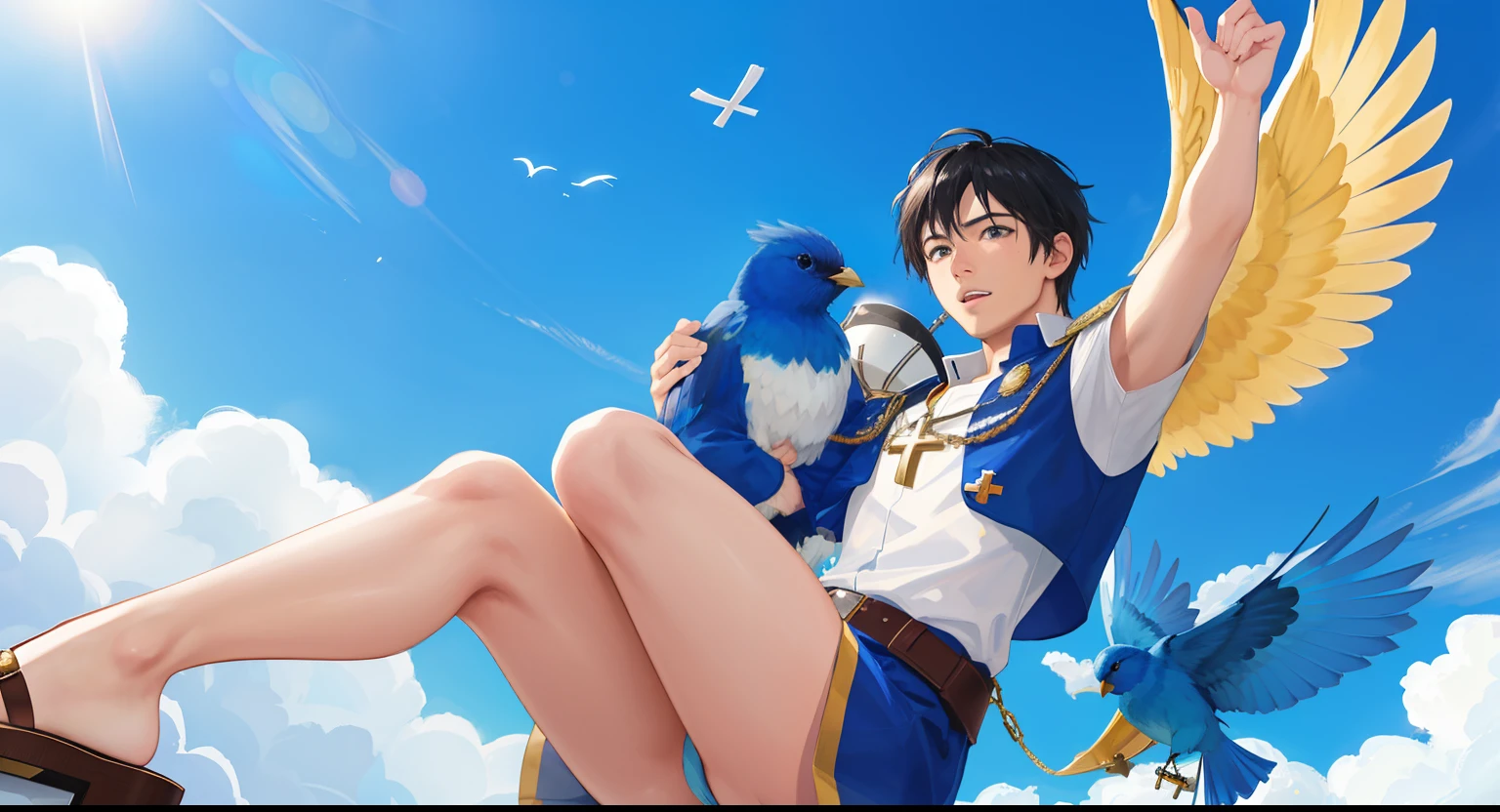 realistic wide shot of Captain being carried by a blue bird and X , ((cross-eyed)), drooling