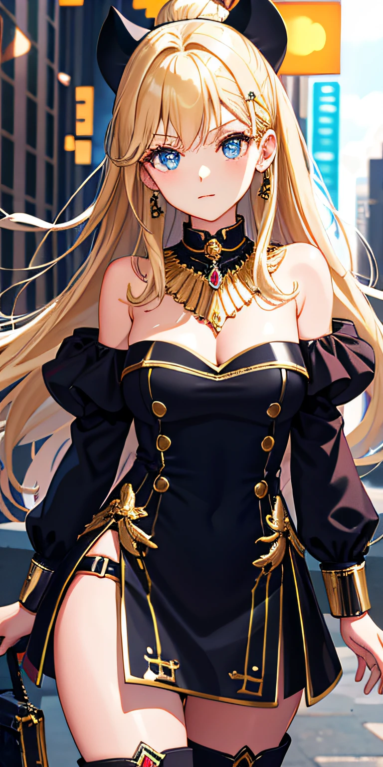 top-quality、Top image quality、masterpiece、girl with((18year old、Best Bust、big bast,Beautiful blue eyes、Breasts wide open, a blond、A slender,Large valleys、Black sweater、White pants、Spread your arms to the sides、Ruby Earrings))hiquality、Beautiful Art、Background with((Large shopping mallasutepiece、visualart、depth of fields、Shoujo manga style