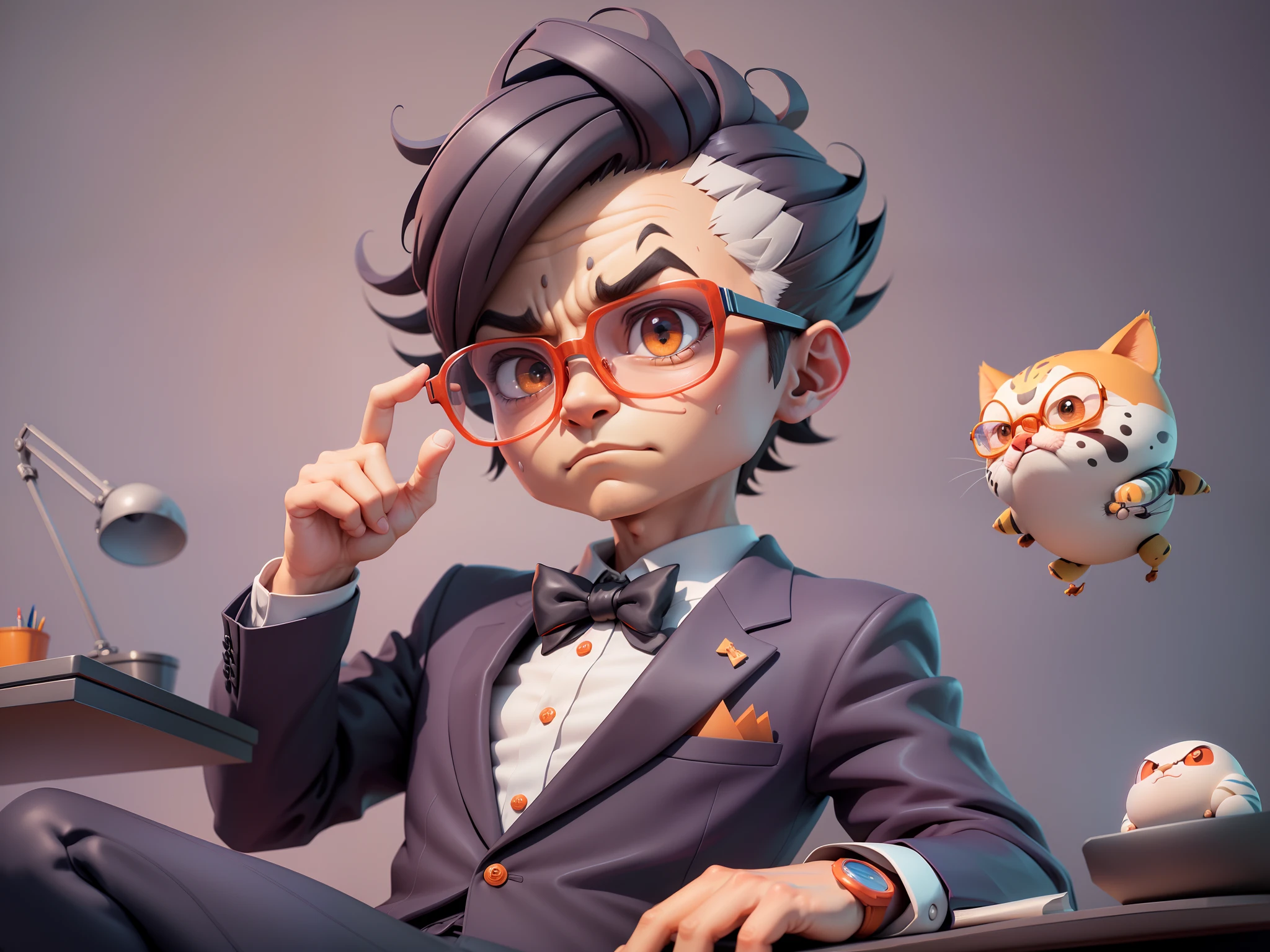 A young man in a suit, Short hair and glasses sat at his desk，holding laptop，digitial painting，tigre，3D character design by Mark Clairen and Pixar and Hayao Miyazaki and Akira Toriyama，4K HD illustration，Very detailed facial features and cartoon-style visuals。