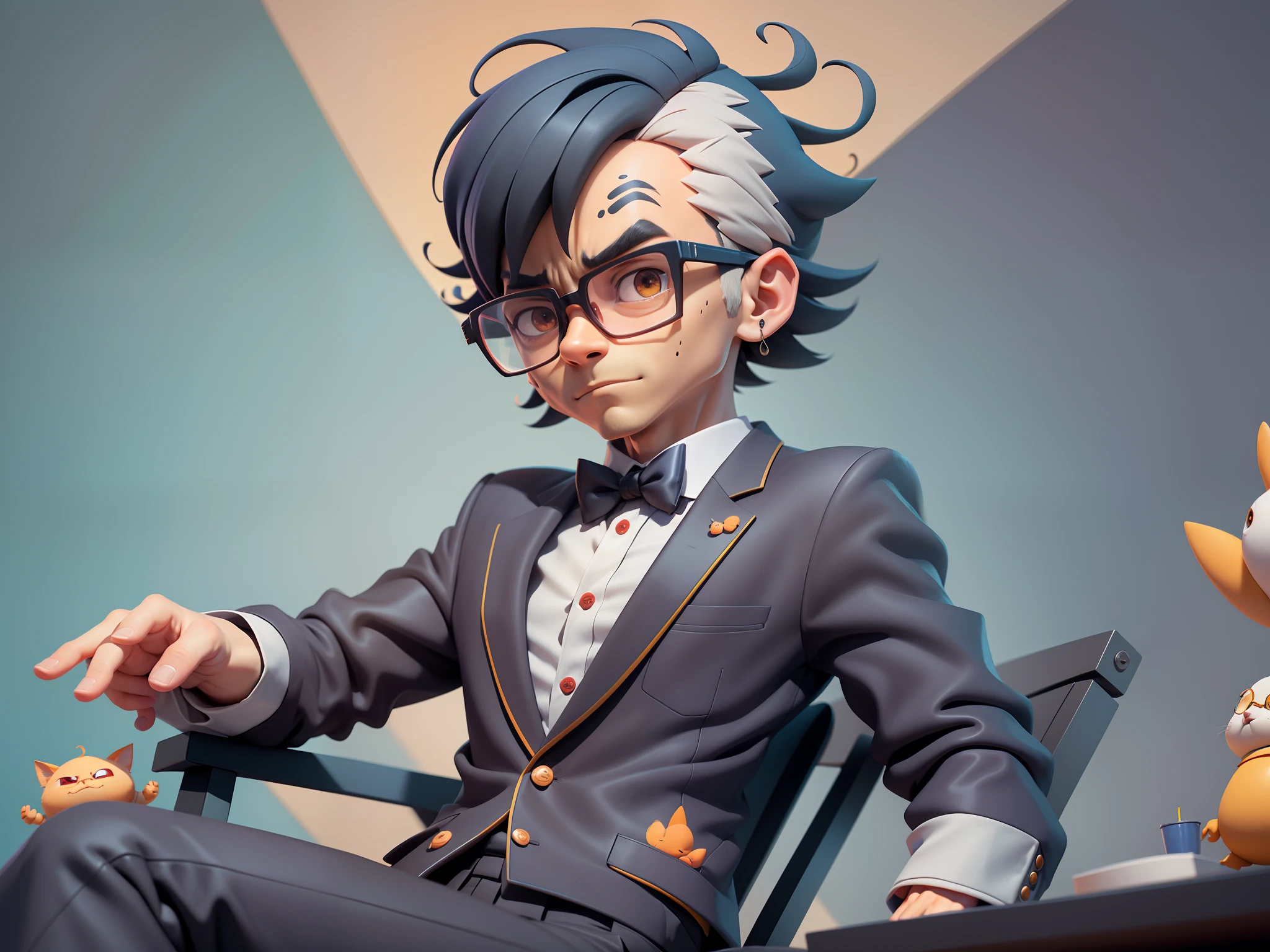 A young man in a suit, Short hair and glasses sat at his desk，holding laptop，digitial painting，tigre，3D character design by Mark Clairen and Pixar and Hayao Miyazaki and Akira Toriyama，4K HD illustration，Very detailed facial features and cartoon-style visuals。