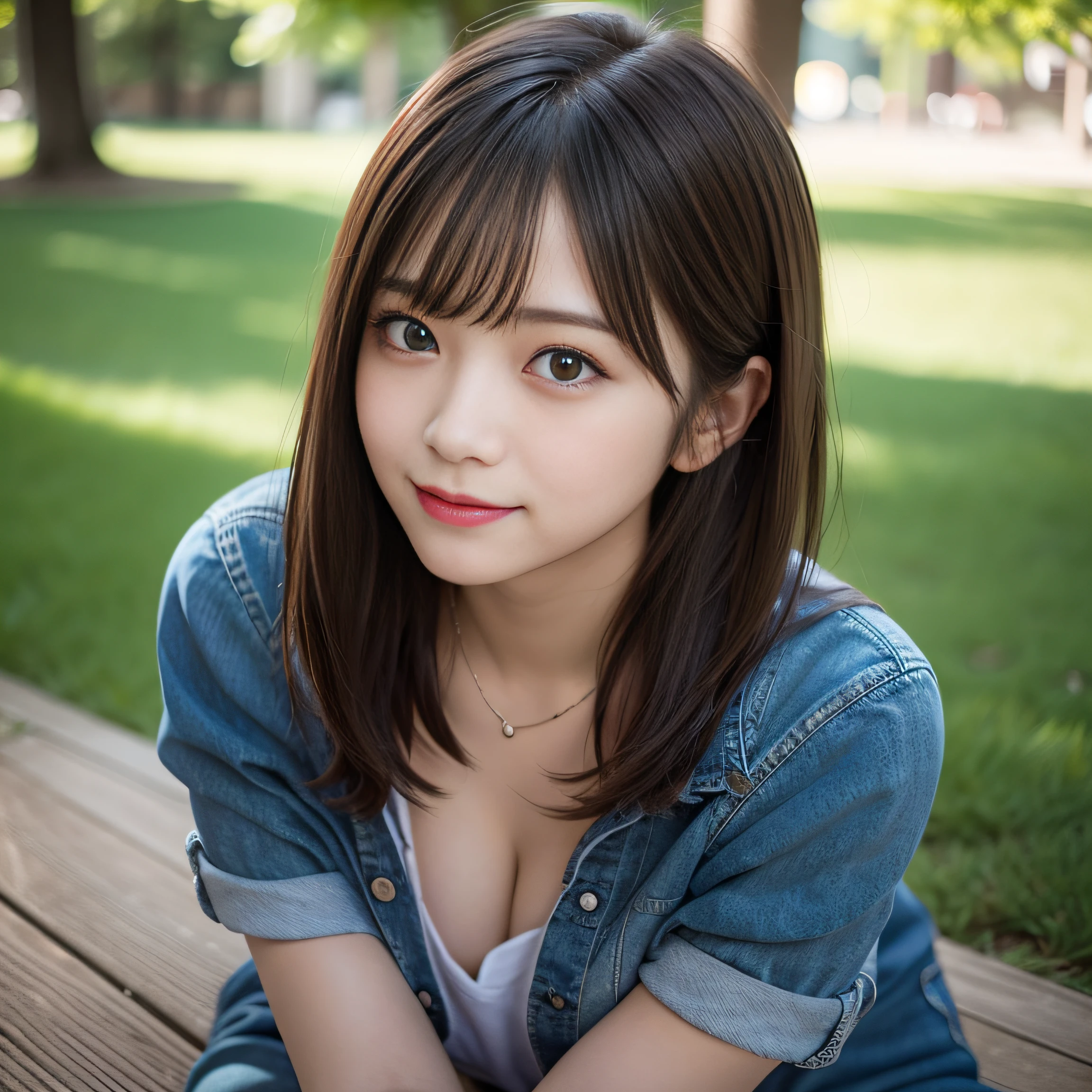 8K,Best Quality:1.4, 超A high resolution:1.5, (Photorealistic:1.4),masterpiece:1.2,(top-quality:1.4)、 Raw photo、 (From the knee up:1.6, From Side:0.7), (the background is blurred), a park,FULL BODYSHOT:1.4、 1日本人の女の子, Cute, (Solo), (Shy smile), Smooth skin、TThe shirt、Denim shorts、 (Brown medium hair,Bangs), (touch hair:1.4)、nogizaka、cute little、Supple fingertips,Beautiful black eyes、natural skin textures:1.3, realistic eyes and face details:1.7、middlebreasts、Gravure Pose:1.1、Toned buttocks、gazing at viewer