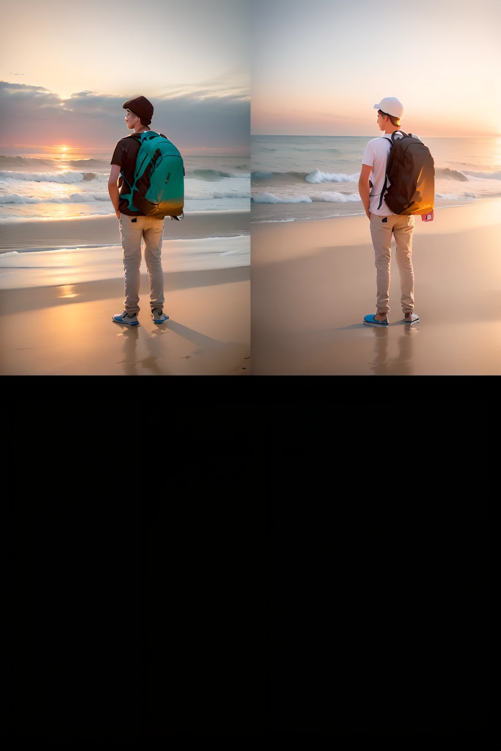 there is a man standing on the beach with a backpack, standing at the beach, at a beach, at the sea, standing beside the ocean, posing on a beach with the ocean, the ocean in the background, candid picture, in the beach, looking at the ocean, ocean in the background, in a sea, distant full body view, standing on a beach