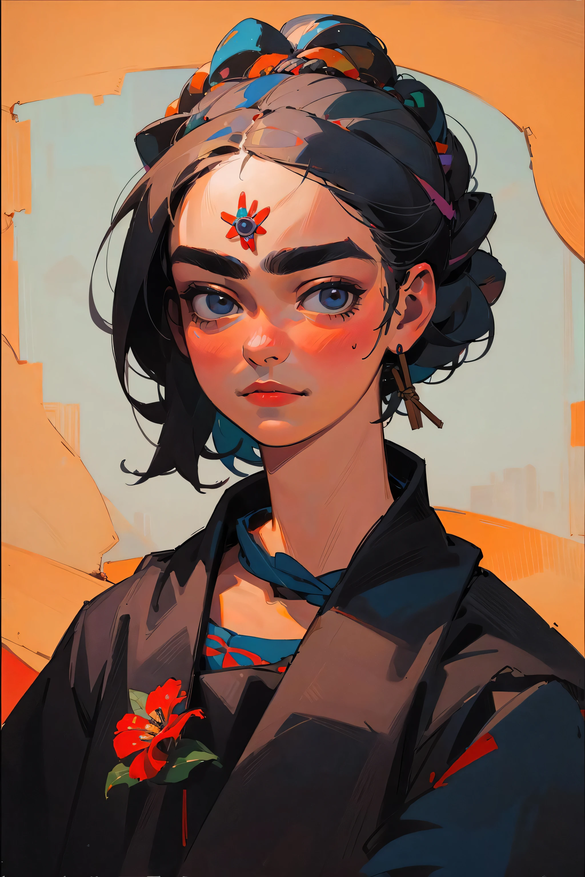 girl, portrait, (Frida Kahlo:1.1), painting_\(medium\), oil_painting_\(medium\), chalky_colors,
