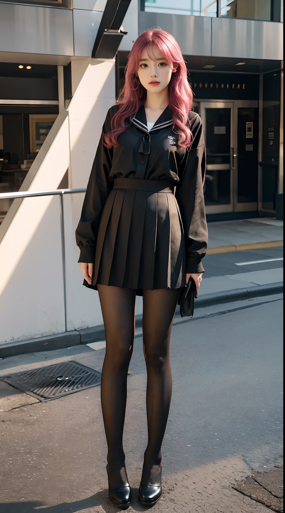 Camera shot,Faraway view,shooting full body,Full body photo,A high resolution,Extreme detail,16k,one-girl,Exquisite and perfect facial features,with a round face,Big sweet eyes with lying silkworms,Extremely precise body structure,(Sailor school uniform:1.25),((pleatedskirt)),(Covers the full leg black pantyhose:1.2),(Detal Face:1.2):0.2,RAW photogr,(tmasterpiece),(best qualtiy),high rise,(photorealestic,photographrealistic:1.2)),ultra - detailed,physically-based renderingt,1girll,Air bangs,long whitr hair,(deep pink hair),wavey hair,Hosiery,Bust photo