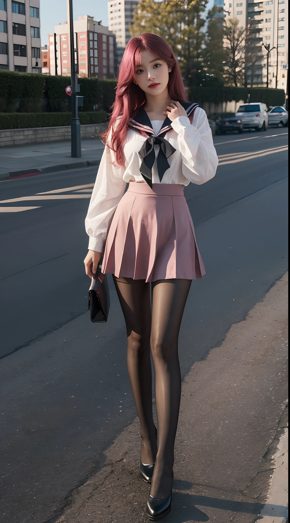 Camera shot,Faraway view,shooting full body,Full body photo,A high resolution,Extreme detail,16k,one-girl,Exquisite and perfect facial features,with a round face,Big sweet eyes with lying silkworms,Extremely precise body structure,(Sailor school uniform:1.25),((pleatedskirt)),(Covers the full leg black pantyhose:1.2),(Detal Face:1.2):0.2,RAW photogr,(tmasterpiece),(best qualtiy),high rise,(photorealestic,photographrealistic:1.2)),ultra - detailed,physically-based renderingt,1girll,Air bangs,long whitr hair,(deep pink hair),wavey hair,Hosiery,Bust photo