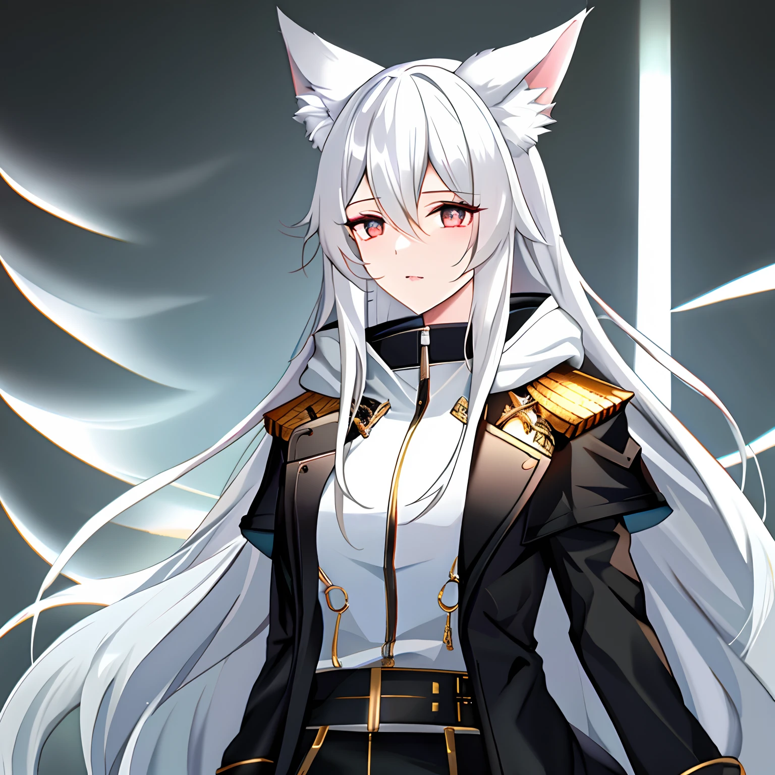 white long straight hair, beautiful face, soft facial features, tall, feminine figure, silver eyes, playful smile, Neko, Neko ears, Cat eats, cat tail, Mature, older, Sexy, one character, one person, Royal clothes ,beatutifull clothes , 25 year old