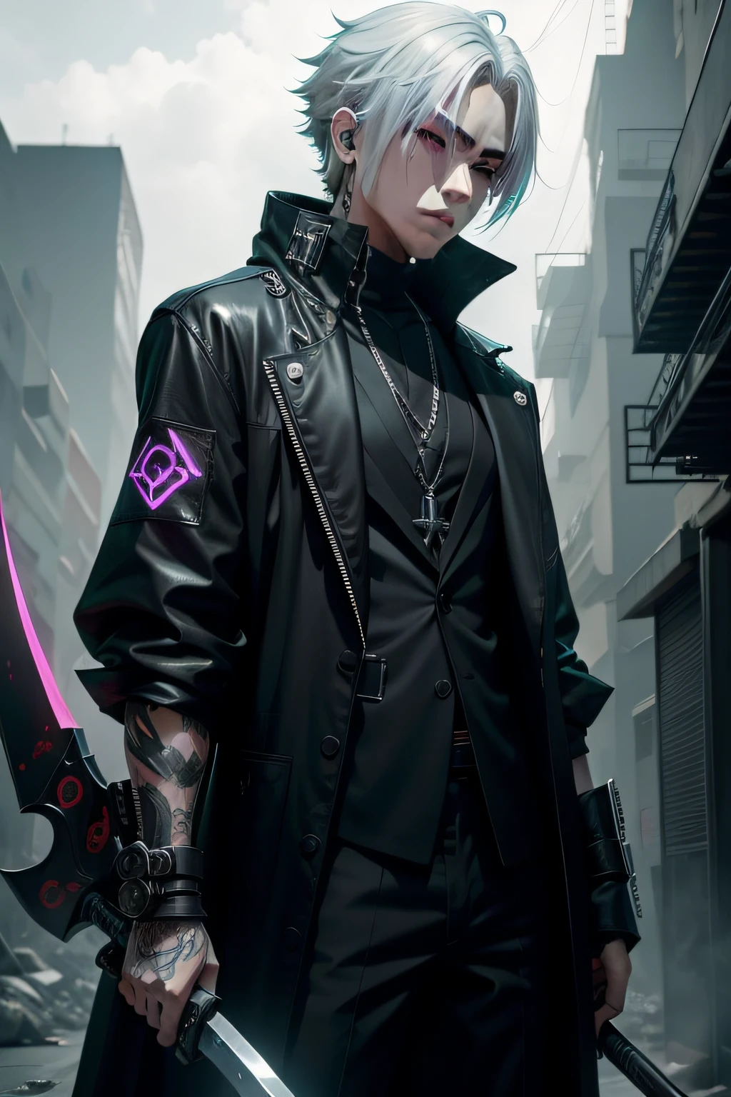 a shinigami with a scythe in his hand but in a cyberpunk theme, a male character will not have colored hair, prefer black or white