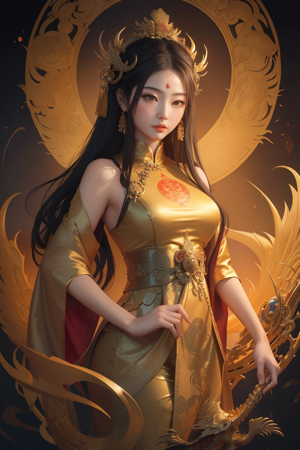 an ancient Chinese goddess, guanyin of the southern seas, Guanyin, Inspired by China, Avalokiteshvara rides a phoenix,,Serene expression,shui mo hua,Buddha,Buddhist,Lotus,Chinese painting style,Thangka style