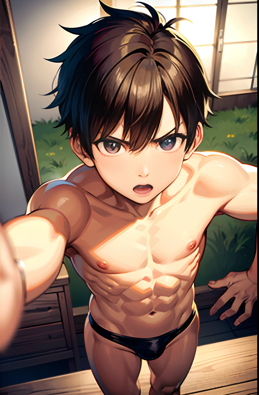 masterpiece, best quality, high quality,  1boy,8yo, boy focus, full body, looking at viewer, brown hair,spiky hairstyle, short hair, steam smork, japan style,  anime coloring, angry, home muji style, detailed face, topless, white towel on waist,finely eye and detailed face,bulge