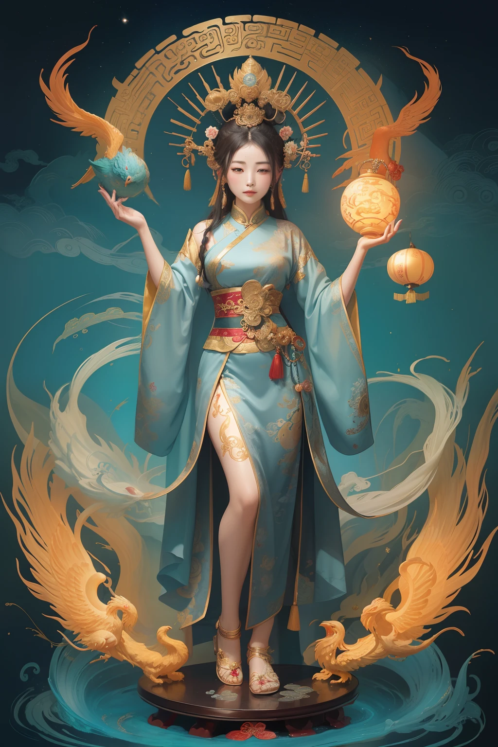 an ancient Chinese goddess, guanyin of the southern seas, Guanyin, Inspired by China, Avalokiteshvara rides a phoenix,,Serene expression,shui mo hua,Buddha,Buddhist,Lotus,Chinese painting style,Thangka style