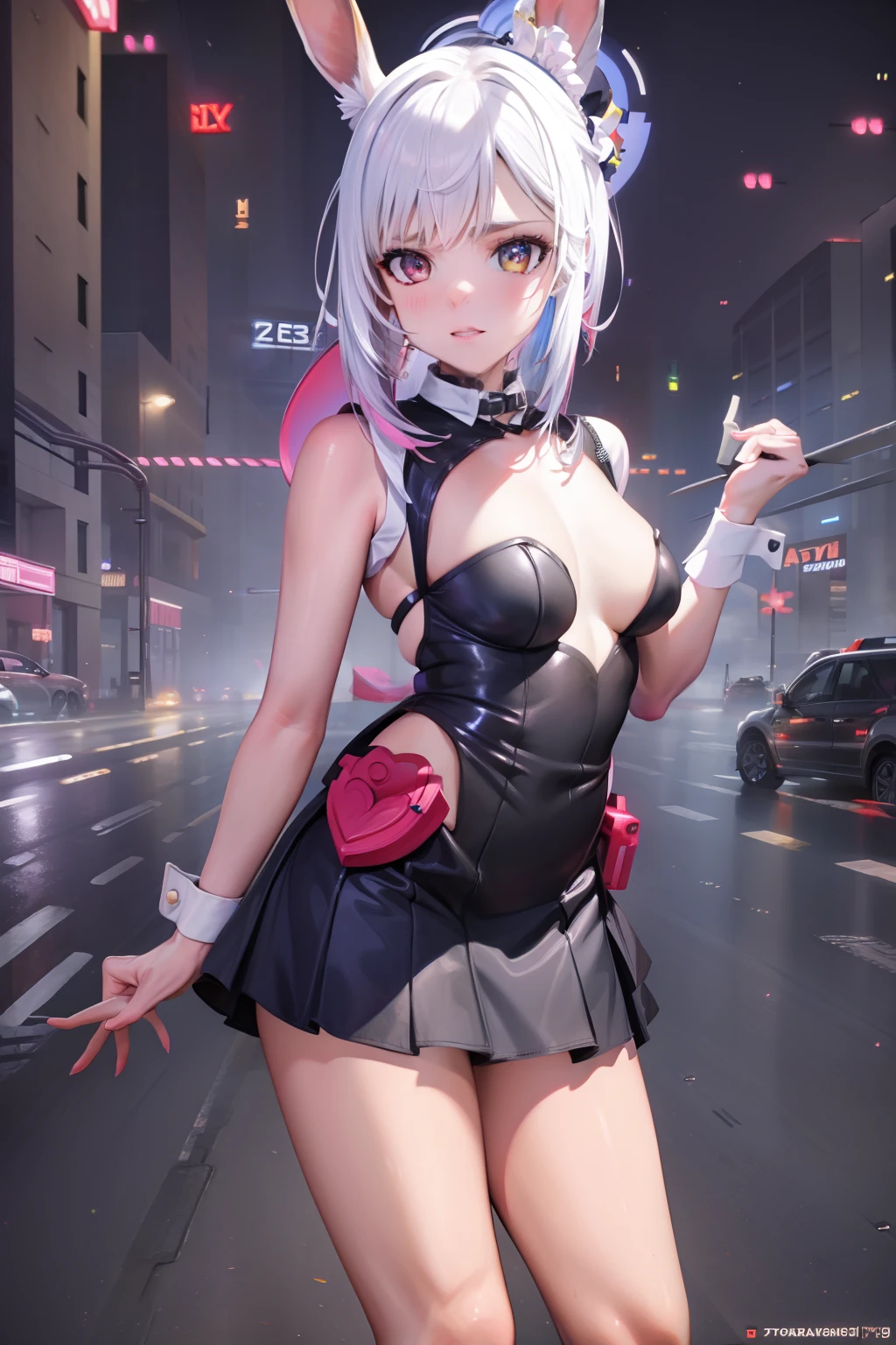 masterpiece, best quality, highres, nm1, cyberpunk maid dress, short skirt, rabbit ears, cowboy shot, standing, colorful hair