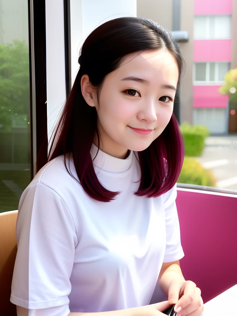There was a woman sitting at the table,Carrying a bowl of food, lofi portrait at a window, she expressing joy, shaxi, Fanart, 😭 🤮 💕 🎀, lofi-girl, dilraba dilmurat, On a sunny day, mid afternoon, xintong chen, 🤬 🤮 💕 🎀, a still of a happy, with backdrop of natural light,huge tit