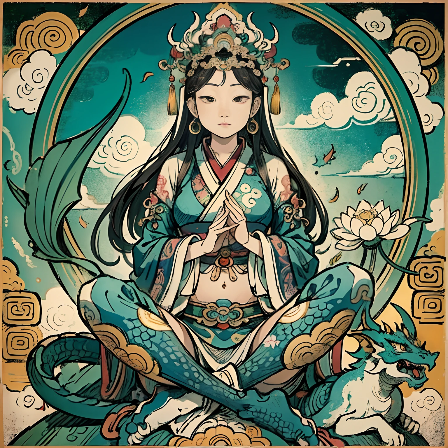 an ancient Chinese goddess, guanyin of the southern seas, Guanyin, Inspired by India, Avalokiteshvara rides a dragon,,Serene expression,shui mo hua,Buddha,Buddhist,Lotus,Chinese painting style,Thangka style