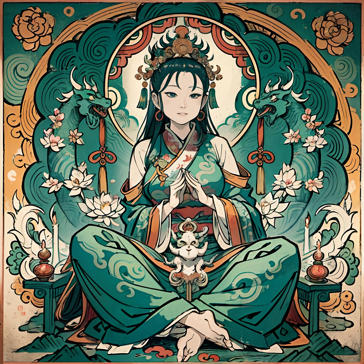 an ancient Chinese goddess, guanyin of the southern seas, Guanyin, Inspired by India, Avalokiteshvara rides a dragon,,Serene expression,shui mo hua,Buddha,Buddhist,Lotus,Chinese painting style,Thangka style