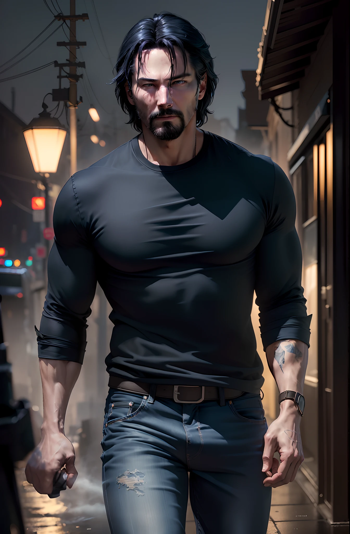 there is a man walking down a street with a black shirt, arnold maya render, keanu reeves as wolverine, muscular character, cinematic body shot, 3 d render character art 8 k, rendered in arnold, in the john wick movie, detailed cinematic render, portrait of john wick, from the new john wick movie, rendered in corona, mid-shot of a hunky