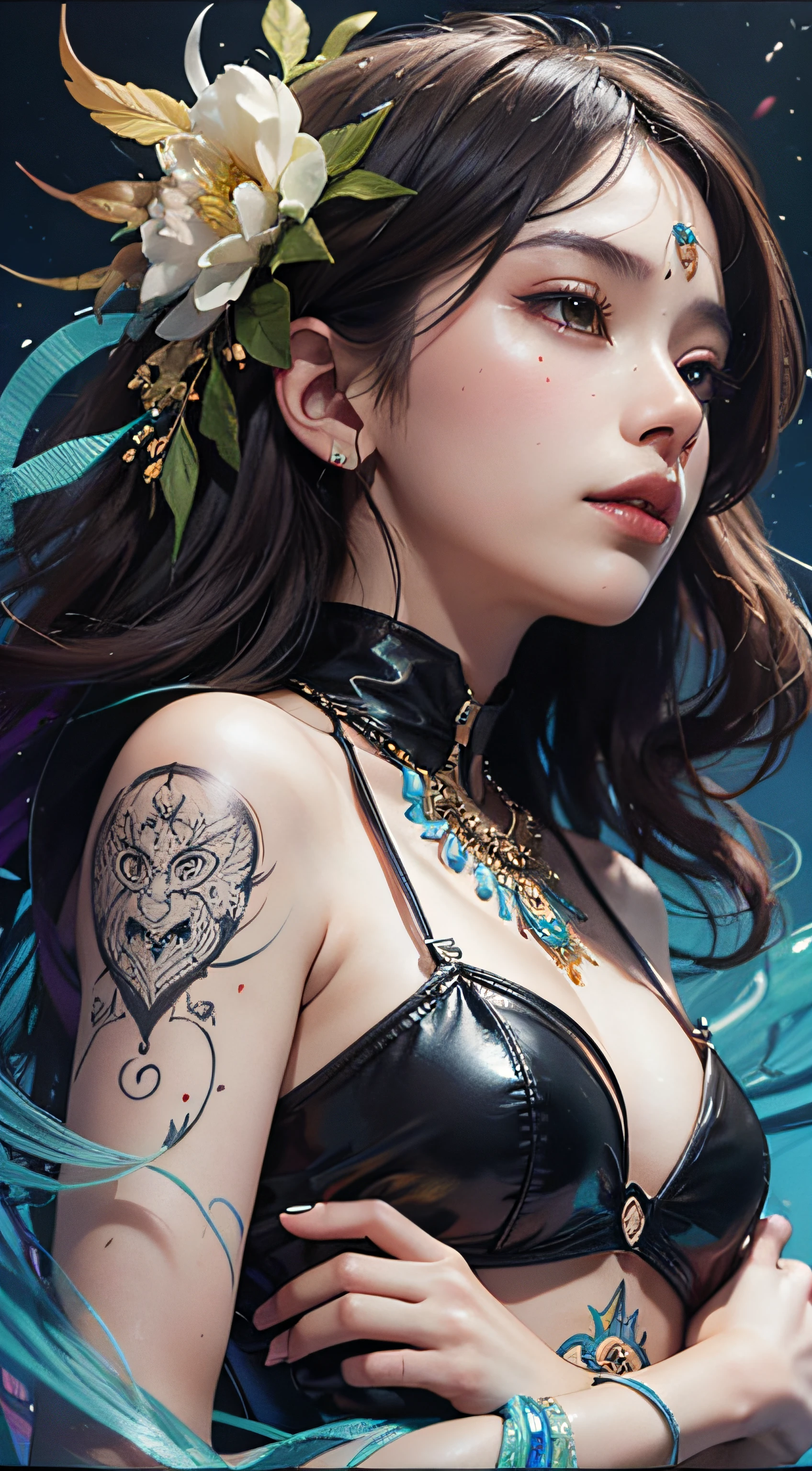 indian girl, whitte skin, beautiful girl, official art, unity 8k wallpaper, ultra detailed, beautiful and aesthetic, beautiful, masterpiece, best quality, (zentangle, mandala, tangle, entangle), dynamic angle, cowboyshot, the most beautiful form of chaos, elegant, a brutalist designed, vivid colours, romanticism, by james jean, roby dwi antono, ross tran, francis bacon, michal mraz, adrian ghenie, petra cortright, gerhard richter, takato yamamoto, ashley wood, atmospheric, enjoying a stream of music, where you can visualize the notes, ecstasy of musical notes, streaming musical notes visible