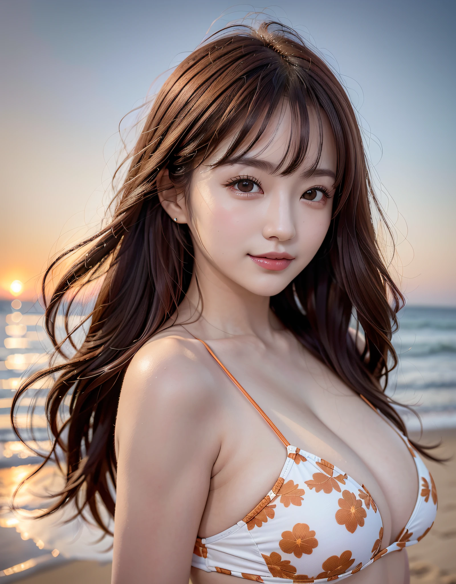 (Realistic, Photorealistic: 1.37), (Masterpiece, Best Quality: 1.2), (Ultra High Resolution: 1.2), (RAW Photo: 1.2), (Sharp Focus: 1.3), (Face Focus: 1.2), (Ultra Detailed CG Unified 8k Wallpaper: 1.2), (Beautiful Skin: 1.2), (pale Skin: 1.3), (Hyper Sharp Focus: 1.5), (Ultra Sharp Focus: 1.5), ( Beautiful pretty face: 1.3), (Japanese actress face:1.3), (super detailed background, detail background: 1.3), bokeh, depth of field, break, very cute and beautiful Japan pictures of women, (sexy model), professional attire, (38 years old: 1.1), portrait of a girl with a bright smile, upper body image, When viewed from the front, the composition is symmetrical, (Studio lighting: 1.3), (Cinematic lights: 1.3), ( backlight: 1.3), dim lighting, lighting that covers the whole body, looking straight at you, from side, natural posing, break, (mahogany thin hair: 1.2, wavy bob hair), dark brown eyes, beautiful eyes, princess eyes, ((mahogany hair:1.3)), bangs, Hair between eyes, (voluptuous:1.47, curby), (medium-largec-breast;1.37, sagging breasts:1.17, cleavage:1.37), (thin waist: 1.05), (detailed beautiful girl: 1.4), (Chest squeezed together, View viewer, (orange bikini:1.37, floral printed bikini:1.37, detailed bikini)), Solo, Parted lips, Red lips, (shiny skin), sweat, (detailed sunset beach background:1.2), (Dishonest laughter, light seductive smile:1.15), ((Perfect Female Body)), (Upper Body Image:1.3), Frame Head, Perfect Anatomy, Perfect Proportions, 8.5 Life-Size, Face Focus, Ultra Realistic Photo, Hyper Sharp Image, Hyper Detail Image,