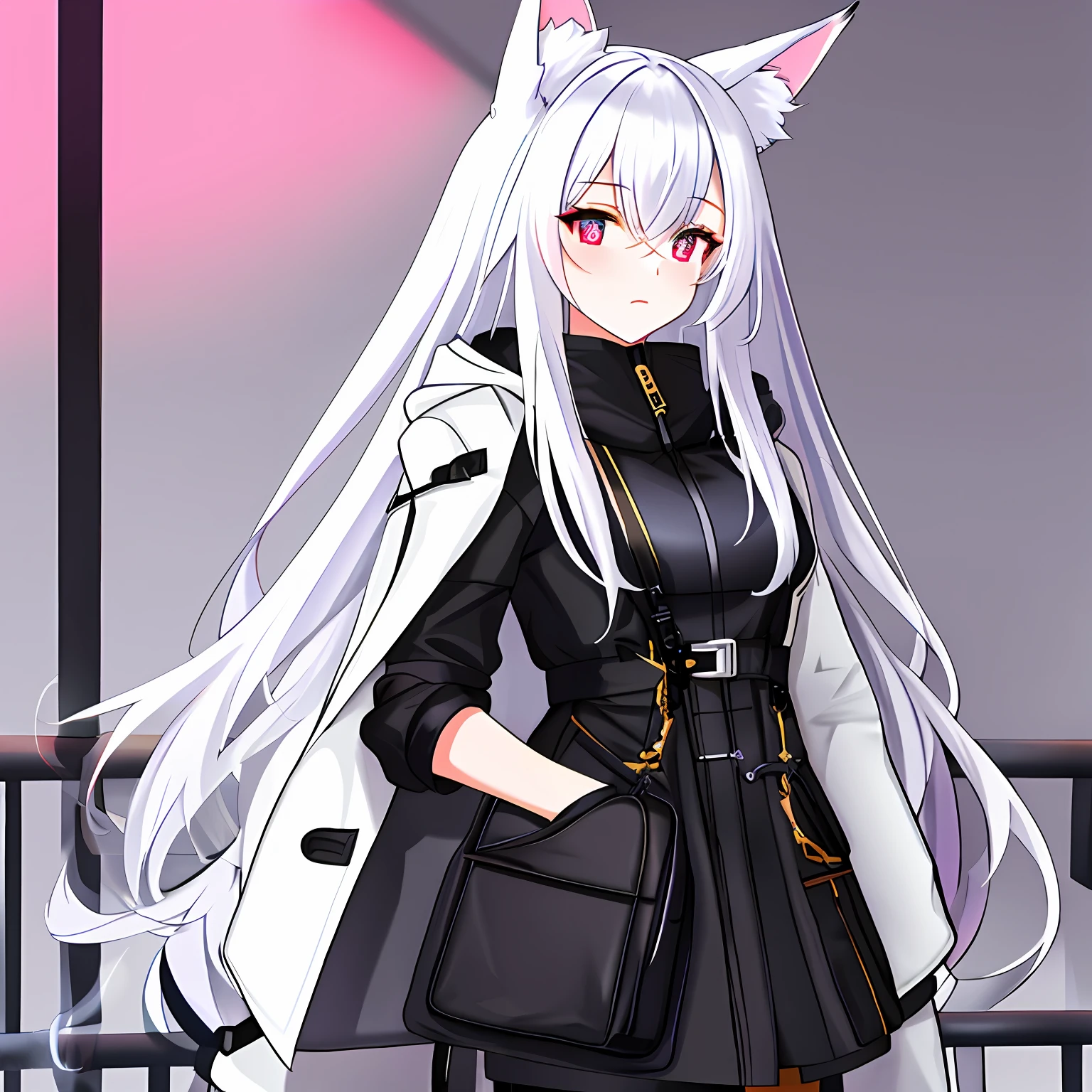 Fox-eared beautiful girl with white hair,Wear a casual black and white hooded trench coat,Golden pupils,This is a rather towering chest,It gives a grim cold,Similar to the game character Virtin。