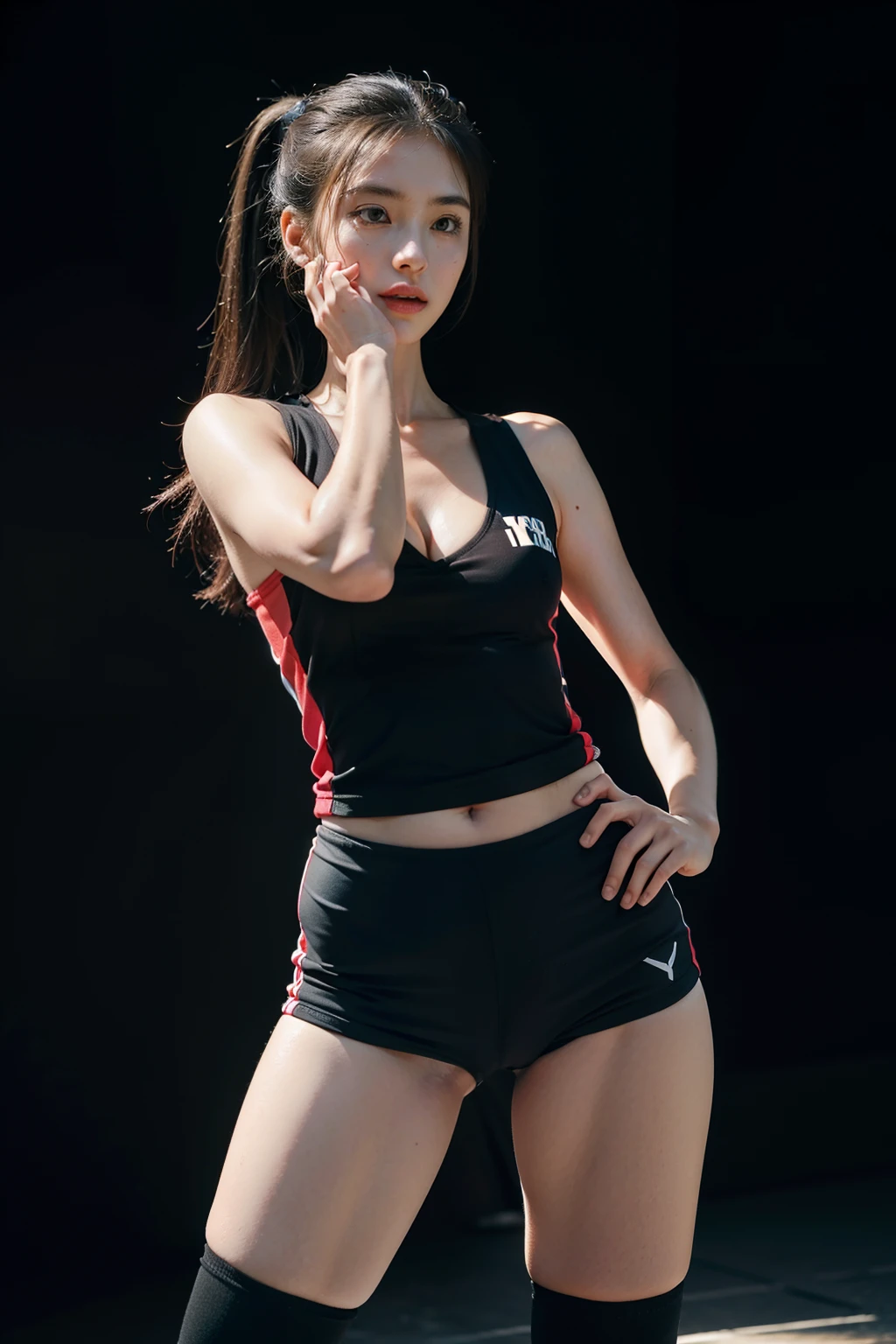 ((tmasterpiece, best qualtiy)),A highly detailed,illustration, An extremely delicate and beautiful, Extremely detailed ,CG ,Unity ,8K wallpaper, Amazing, finedetail, realistic focus,Complicated details,Beautiful detailed girl, Extremely detailed eyes and face, Beautiful detailed eyes, (RAW photo, Best quality), (Realistic, photo-realistic:1.3), a big breast chinese girl,Female volleyball player,Women's volleyball uniform,Wearing the number 9 shirt,over knee socks,Indoor arena background,Tall guy,long leges,pony tails,Cocked buttocks,(((Small breasts))), ((Fantasy breasts)), (Kpop idol), tit,Open your clothes,revealing breasts,See the breasts,See the nipple,Robust body,Sexy and robust,Detailed abs,Detailed muscle lines,teat,dynamicposes,Greasy body,sweating body,Normal body proportions,Normal face,Normal hands,frontage,fully body photo,tall image,Look from the bottom up,look from down,
