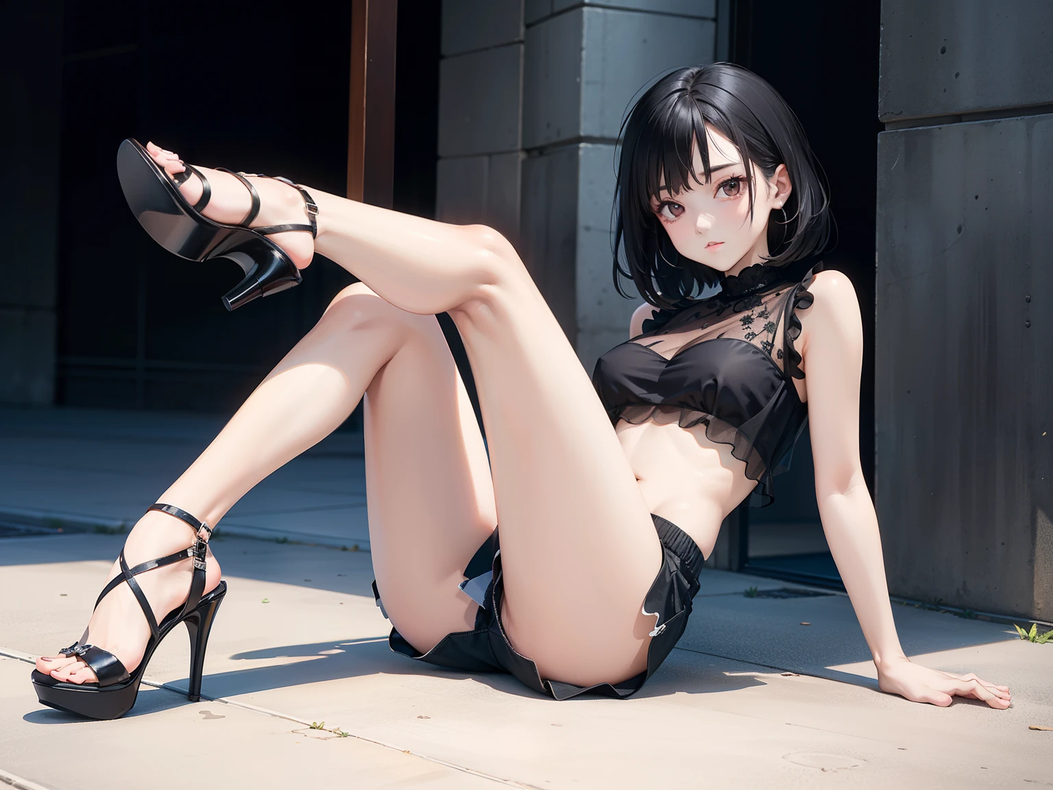 Best quality at best，Beautiful quality，Photorealsitic，looking at viewert，Extremely detailed skin，Extremely detailed black hair，8，1girll，Ultra-short transparent top，Ultra shorts，Smooth and delicate thighs，high-heels，Sit on the ground with your legs up