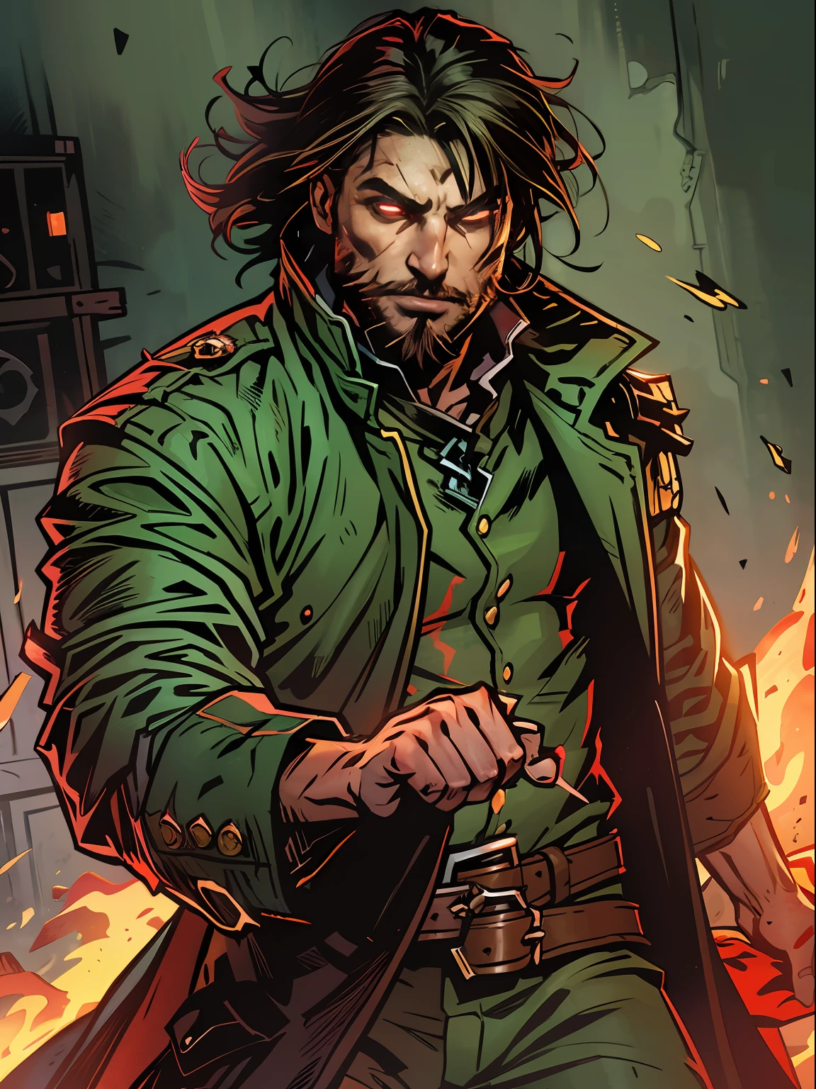 The man, cruel face, short beard, glowing red eyes, dark hair, curtain Hair, shoulder long hair, hunk, dragon sorcerer, green trench coat, cargo pants, comic cover, Film-poster, Epic