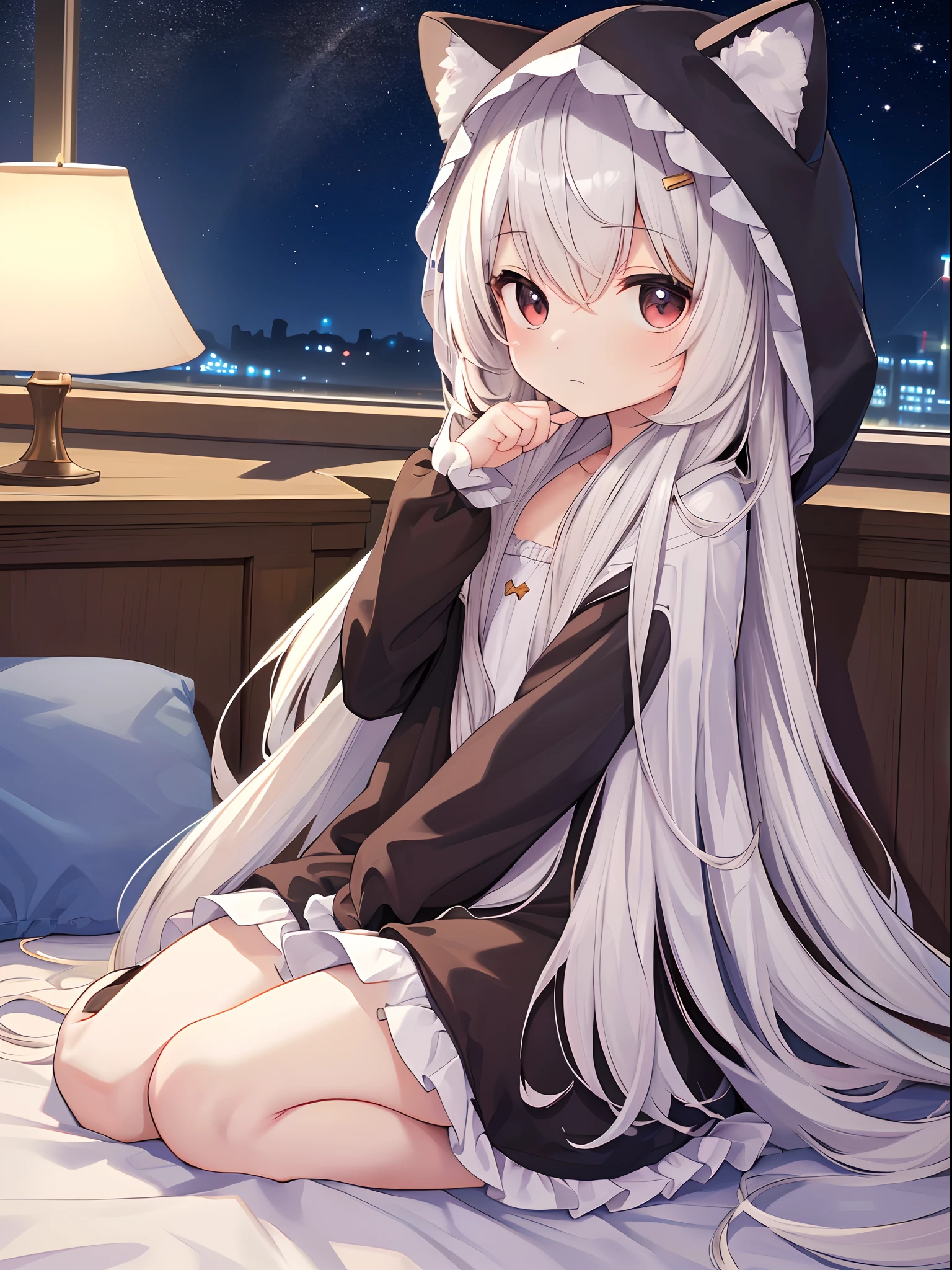 Loli, solo focus, full body, sitting, dynamic angle, white hair, flat chest, frilled, 3yo, brown hair, long hair, night, starry sky, dark, sleepy, want to sleep, animal ears hood, A young girl in pajamas holding a large stuffed animal, with a shy expression on her face, in a bedroom setting, The composition should exude a blend of sensuality and innocence, The background should be visually captivating,