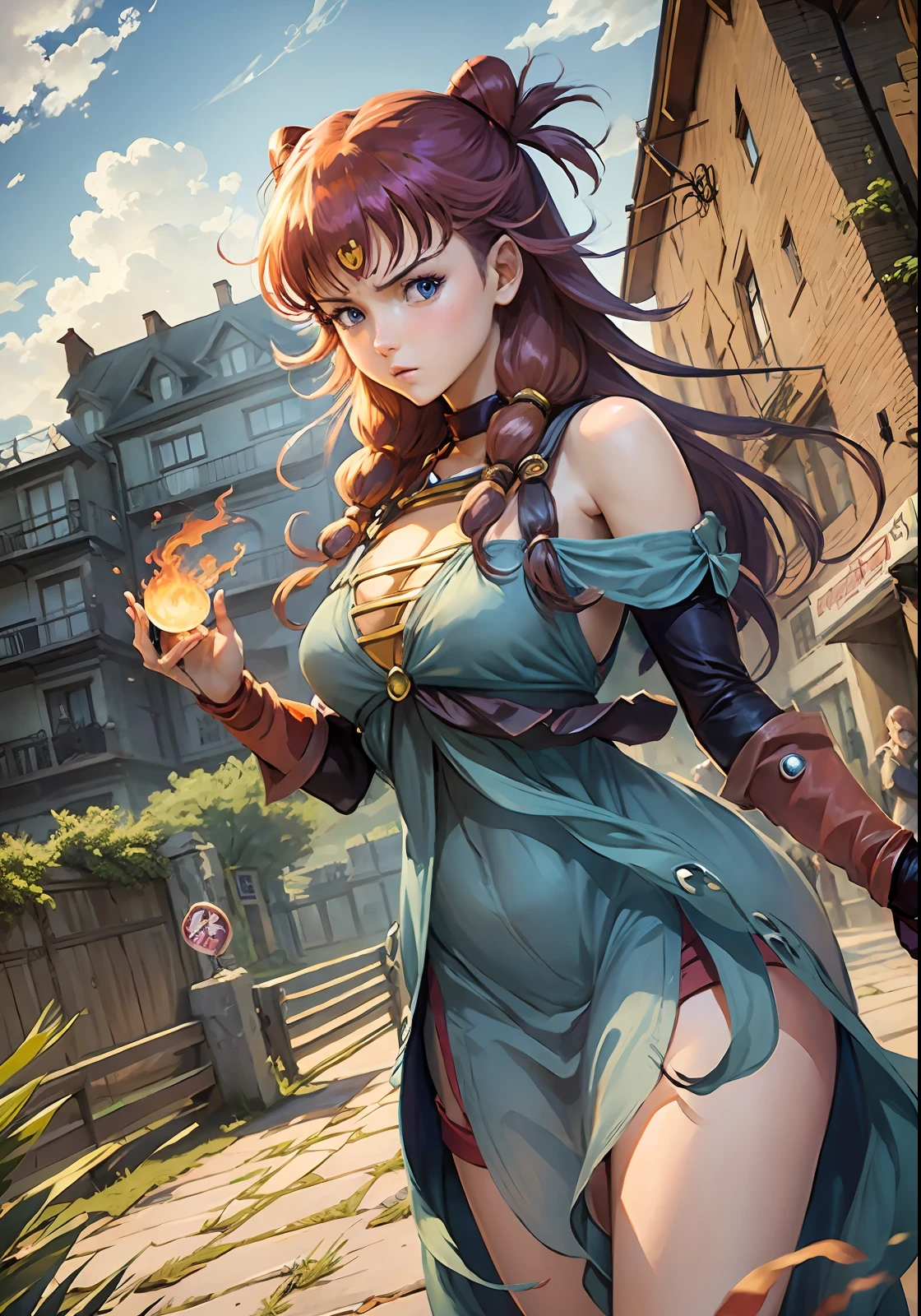 Dragon quest、Glamour girl、Red-headed twin-tailed、Sorcerer、Fireball、huge-breasted、Blue shirt、long skirt、fire