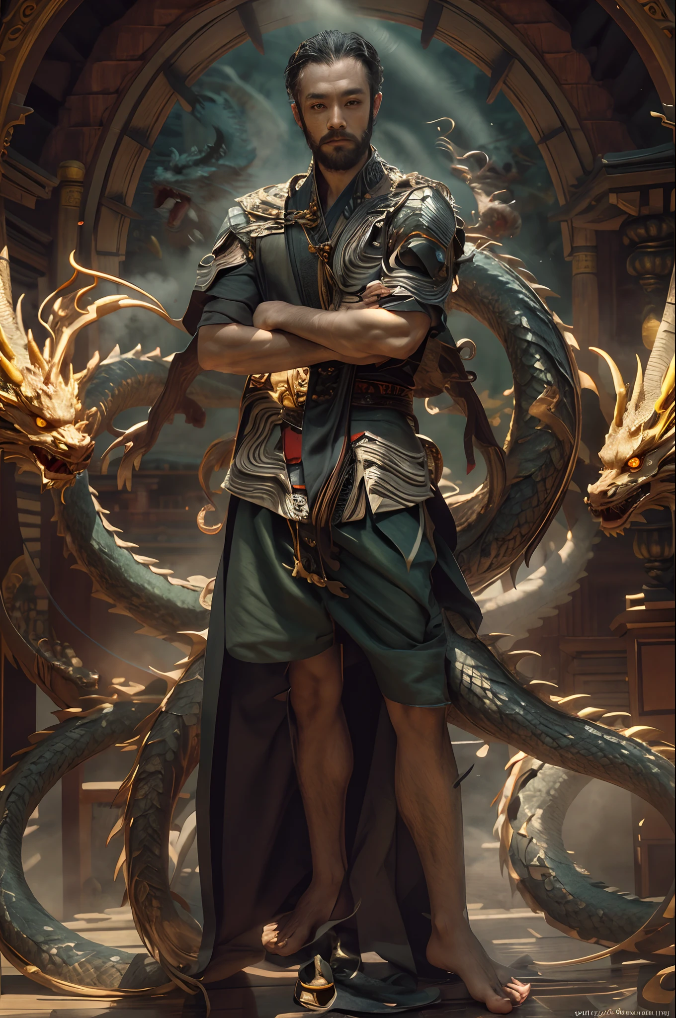 I stand six foot and six inches in height. I have long white hair tied up neatly. My eyes are yellow, with snake-like slits for pupils, like those of the basilisk. My body is sculpted to perfection, like that of an adonis, with muscles that ripple under the sun's light. My skin is bronze-like. I wear a long black silk robe that is adorned with silver trim, which flows behind me like a river when I move my body. Sometimes I wear a cloak draped over my left shoulder, so when I walk it looks like I'm carrying a long serpent in tow.